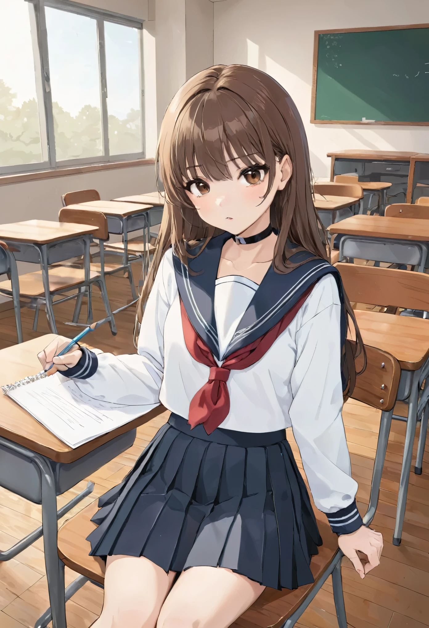 ((masterpiece, best quality)),best aesthetic,1girl, , desk, sitting, school desk, brown hair, classroom, long hair, indoors, chair, looking at viewer, :p, solo focus, brown eyes, skirt, long sleeves, pencil, 1 boy, pencil case, paper, black serafuku, multiple girls, pleated skirt, sailor collar, bangs, headrest, school bag, school chair