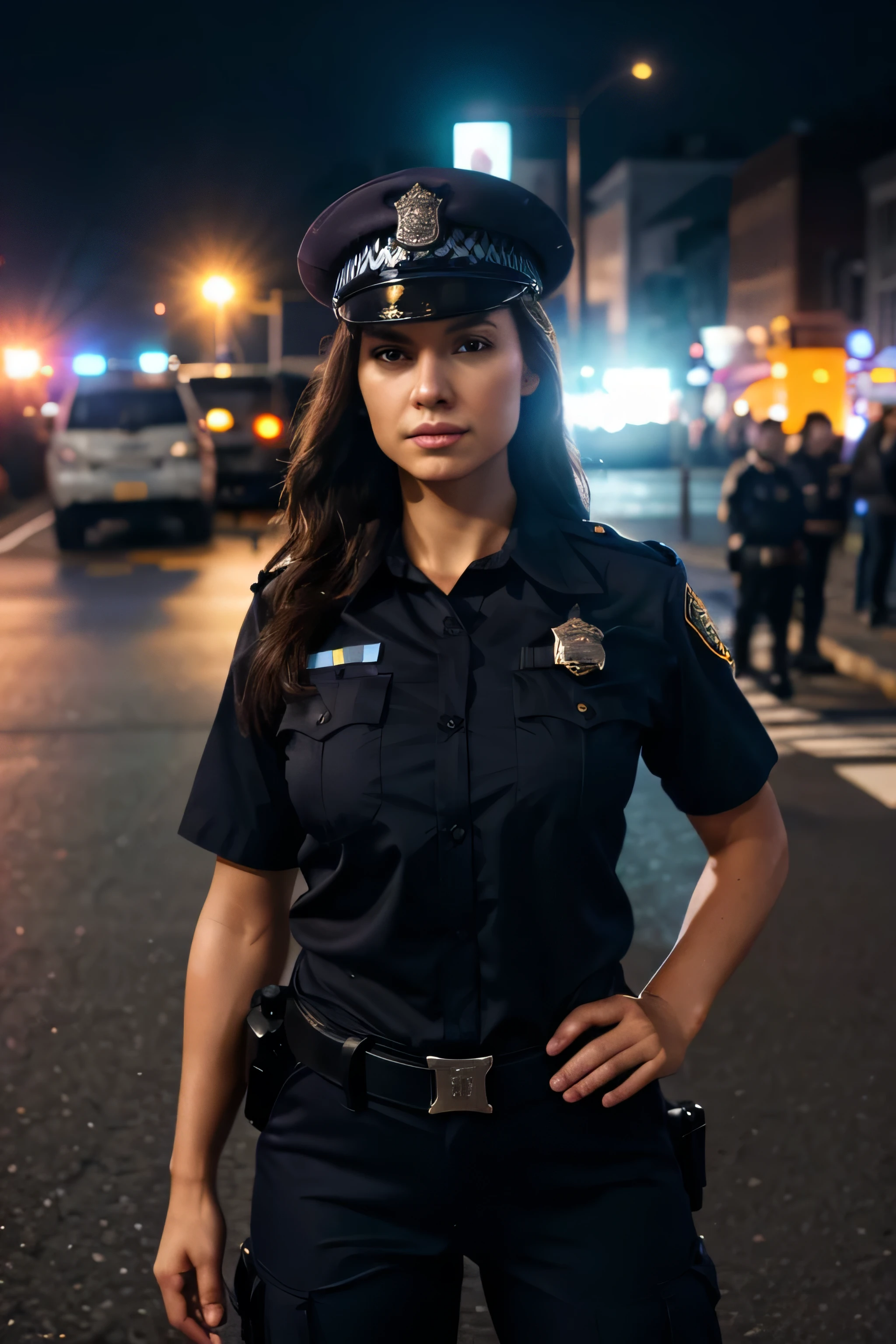woman in police uniform standing in the middle of the street,cinematic lighting,dramatic angle,highly detailed,photorealistic,8k,masterpiece,(best quality,4k,8k,highres,masterpiece:1. 2),ultra detailed,(realistic,photorealistic,photorealistic:1. 37),HDR,UHD,studio lighting,ultra-fine rendering,sharp focus,physics-based rendering,extreme detail description,professional,vivid colors,bokeh,cinematic,dramatic,intense,powerful