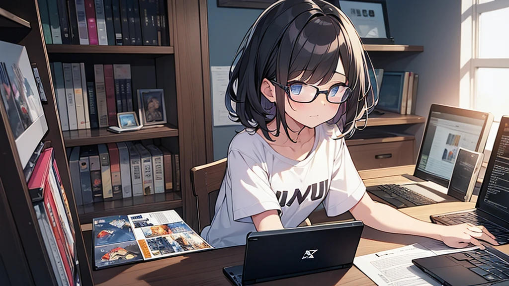 A girl with glasses eating sweets alone late at night,Plain,Black-rimmed glasses,Short Hair,My hair is messy,Confused eyes,Small breasts,「The demon appeared」A T-shirt with the words,Grey Swit,Private room,background(Stacked Gundam models,Bookshelf with comics,DS,PSVita,Gundam poster,Laptop on desk),{more detailed},{masterpiece},high quality,perfect face,perfect hands