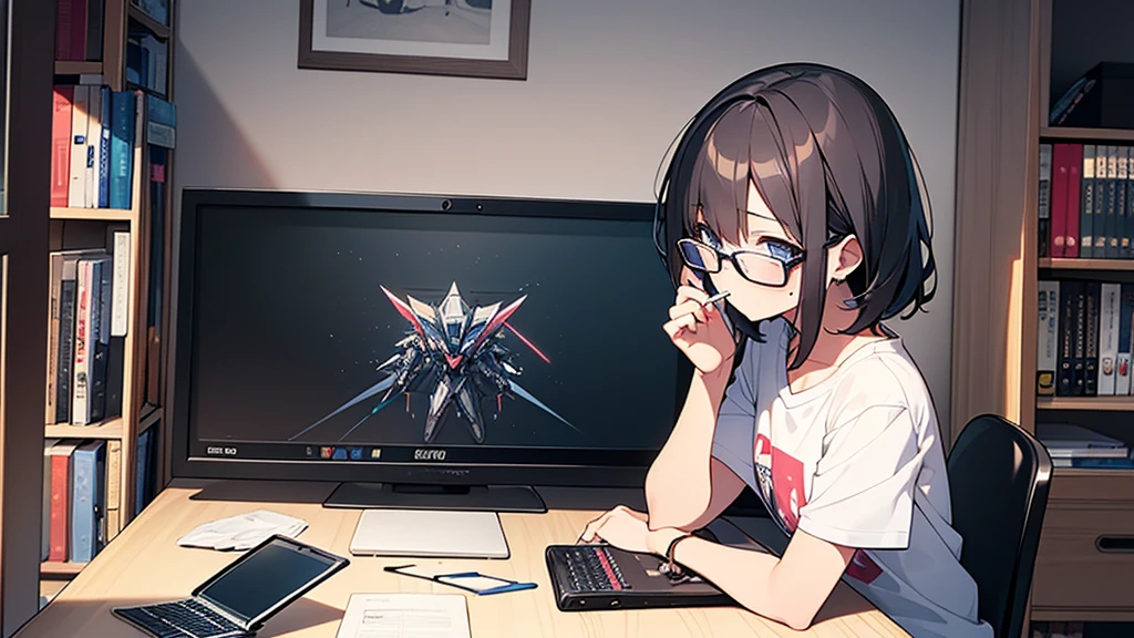 A girl with glasses eating sweets alone late at night,Plain,Black-rimmed glasses,Short Hair,My hair is messy,Confused eyes,Small breasts,「The demon appeared」A T-shirt with the words,Grey Swit,Private room,background(Stacked Gundam models,Bookshelf with comics,DS,PSVita,Gundam poster,Laptop on desk),{more detailed},{masterpiece},high quality,perfect face,perfect hands