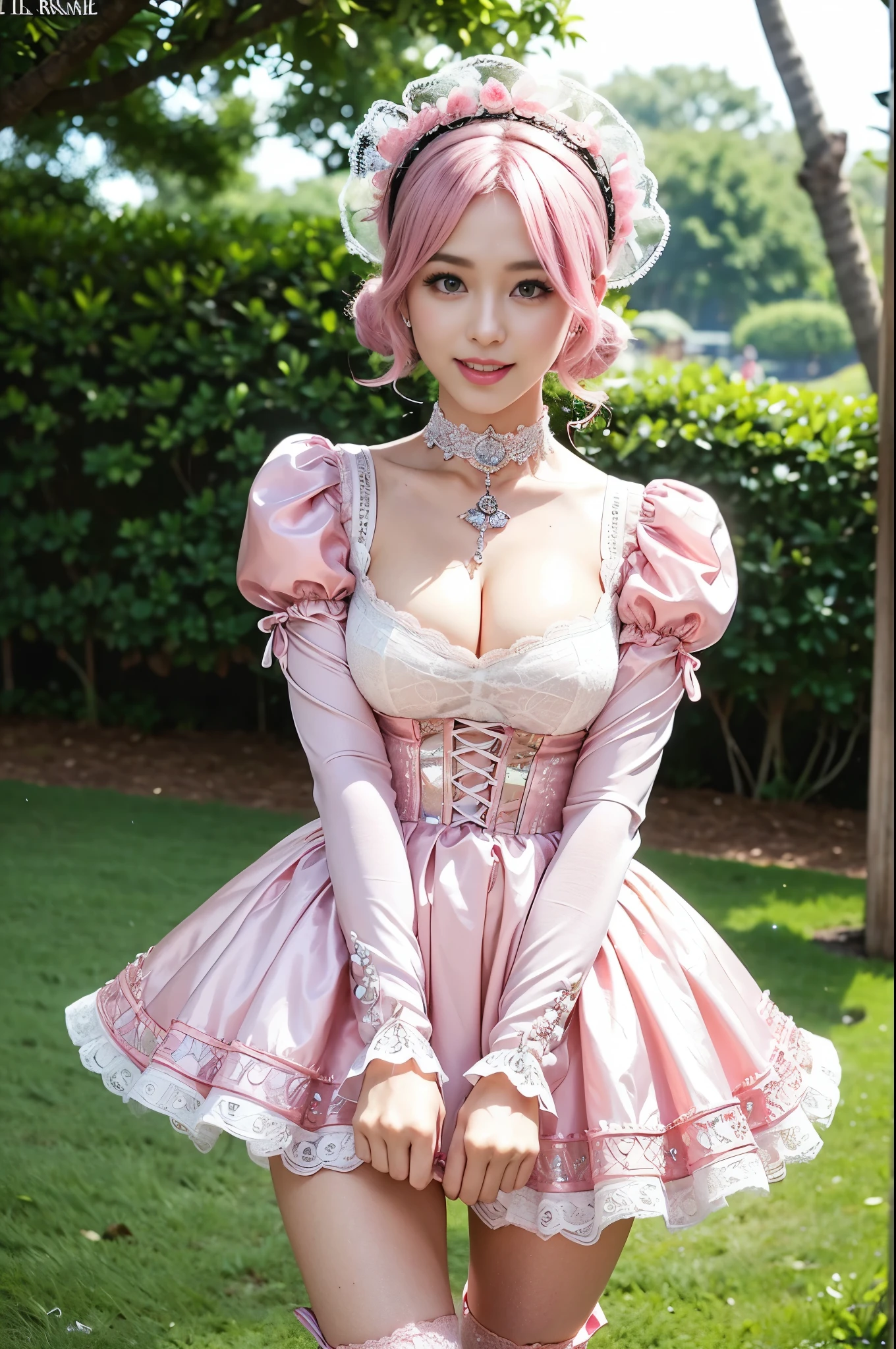 (nsfw), sexy stylish Swedish model, only 1 female, ((doll-like appearance)), short neon pink stylish hair, ((shiny Victorian-Style boots)), (big smile), ultra detailed eyes, vivid eye makeup, lip-gloss, long lashes, defined eyebrows, ((sexy Paradise Kiss cosplay)), bell-shaped skirt, petticoats, high neckline, puffed sleeves, ((ultra detailed lace)), ((ultra detailed embroidery)), intricate details, Paradise Kiss accessoires and matching headpiece, choker, ((large sparkling Paradise Kiss jewelry)), cinematic light, detailed large park background with trees