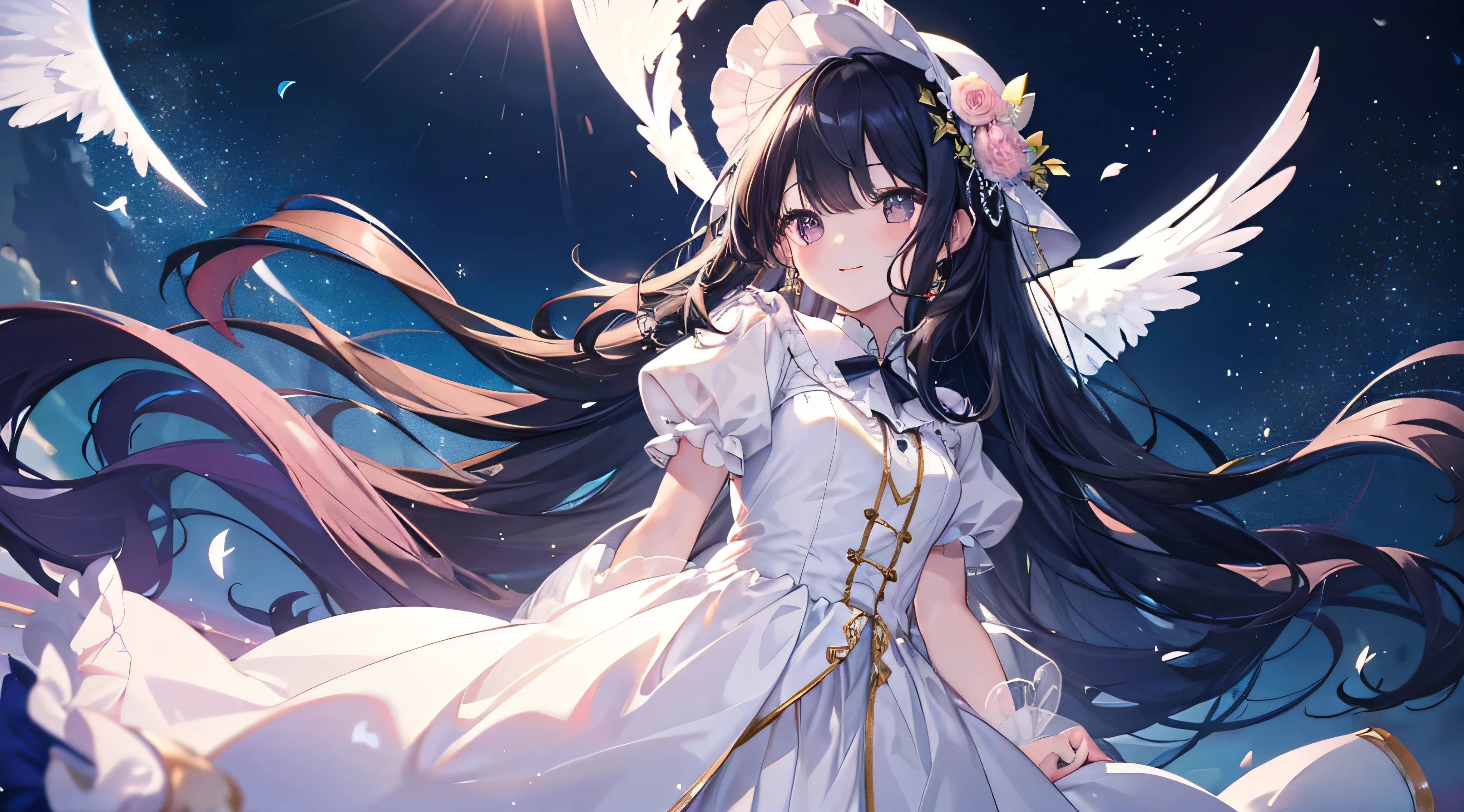 ((Angle from below)) 、Shining Night Sky,(Highest quality、masterpiece、Super fine、Super fine、Exquisite、16k、Full HD) 、((Big Move,happy,fun))mysterious、Black Hair,Soft sunlight、((Clear skies)) 、smile、(Full of energy)Black Eyes、Long eyelashes、White skin、Pale pink lips、Pale pink cheeks、thin and long)、 ((cute)) ((one person)),