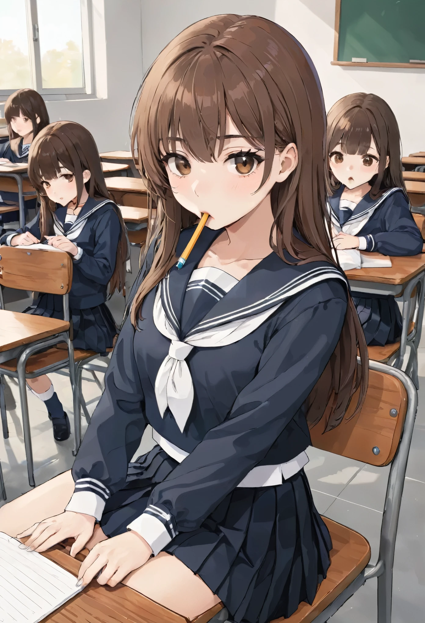 ((masterpiece, best quality)),best aesthetic,1girl, , desk, sitting, school desk, brown hair, classroom, long hair, indoors, chair, looking at viewer, :p, solo focus, brown eyes, skirt, long sleeves, pencil, 1 boy, pencil case, paper, black serafuku, multiple girls, pleated skirt, sailor collar, bangs, headrest, school bag, school chair, giving blowjob