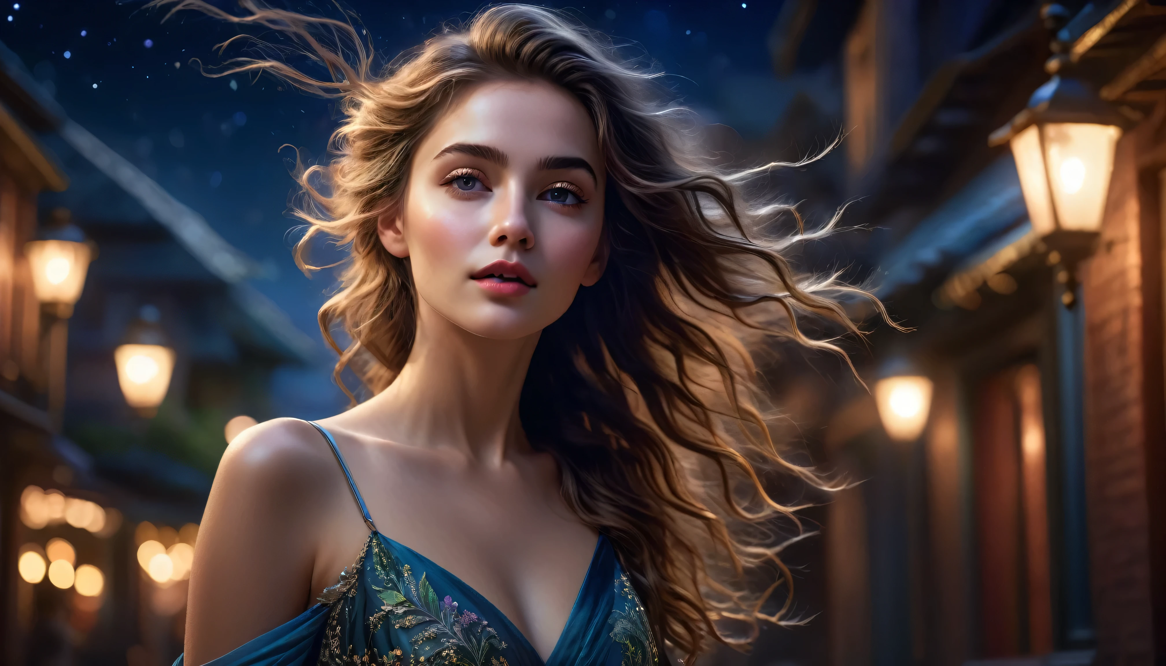 a beautiful girl, windswept hair, in a mystical night, charmiNG,, hyper realistic, 8k, cinematic lighting, detailed facial features, delicate skin, elegant dress, graceful pose, whimsical atmosphere, dramatic shadows, vibrant colors, painterly aesthetic, volumetric lighting, intricate details, dramatic lighting, cinematic composition, dreamlike quality, ethereal beauty, elegant sophistication
