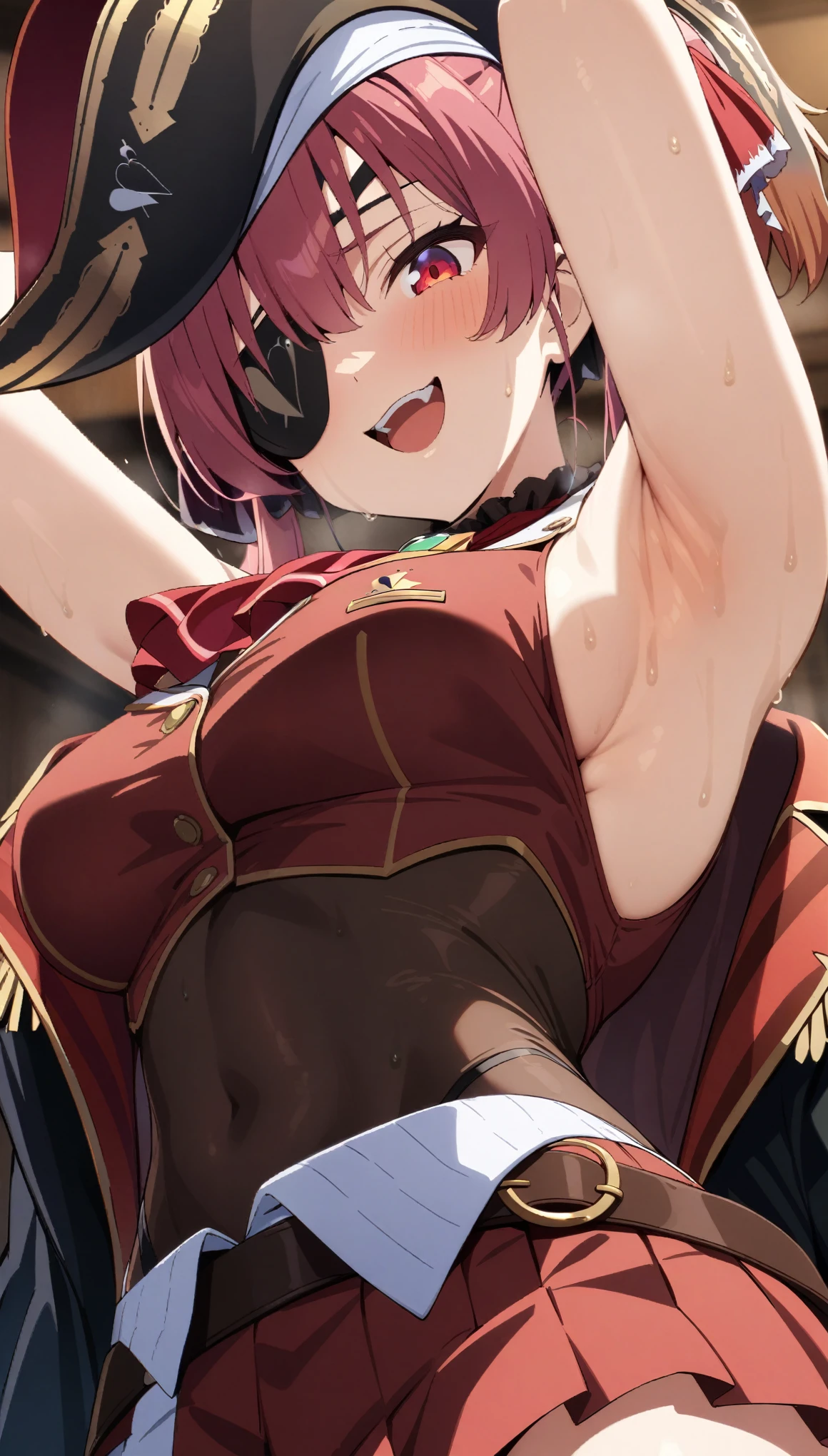 (masterpiece:1.2), hyper detail, best quality, (intricate_details:1.1), beautiful detailed, beautiful hair, solo, 1girl,((ANIME COLORING)),marine_pirate, hair ribbon, red ascot, belt, leotard under clothes, covered navel, black leotard, sleeveless, black coat, pirate hat, eyepatch, red eyes,blurry_background,sweating,greasy shoulder,from below,looking side,flipped hair,armpit,greasy armpit,from side, shoulder focus,((armpit focus)),bare shoulder,upper body,((greasy armpit)),((smooth armpit)),((Pupil details)),backlighting,((Stretch oneself)),((Detailed armpit)),((elastic armpit)),((soft armpit)),pov,looking at viewer,evil smile,open mouth,red miniskirt,((red sleeveless expose waist shirt))
