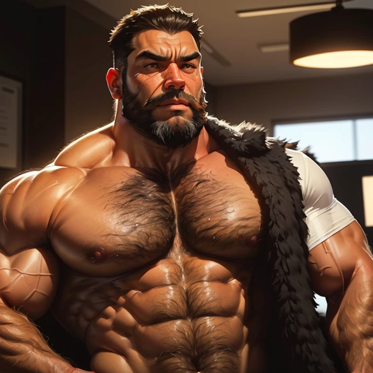 an exaggeratedly muscular and large bodyguard, (grizzly old man: 1.1), greying black hair, beard, tan skin, (scars on face: 1.1), (stern expression: 1.1), (bara pecs: 1.3), (hairy chest and arms: 1.2), close-up portrait HD, business office, erect cock, erect penis