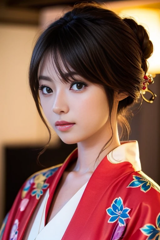 ((Nighttime Kyoto streets in the Edo period,A beautiful young geisha walking through a lantern-lit town on an unpaved street)),(((The collar of the black patterned kimono kimono is pulled back, Revealing the white scruff of the neck.,Expensive and beautiful obi and obijime,Full-body photography that captures the essence of movement))),(((美しいBlack Hairを日本髪に整えて頭に差したLots of hairpins:1.3))),one personの女の子, one personで, 凛とした上品な笑face, Chestnut brown eyes that catch the light, Black Hair, hair ornaments, Knees together, With a graceful inward-looking attitude, Furisode kimono, kimono, Bright red lips, Compensate, Tassel, rope, eye shadow, red kimono, shimenawa, Lots of hairpins,((Perfect Anatomy)) ,masterpiece,Ulzan 6500,(Realistic, photoRealistic),masterpiece, High resolution,Best light and shadow contrast, main character,Extremely high depth of field,soft delicate beautiful attractive face, Beautiful Edge Oiran_woman, a woman in a kimono posing for a picture ,Perfect Edge Oiran_face,Perfect Edge Oiran_body,edge Oiran_Compensate,edge Oiran_Hairstyle (Saiharu Body),(Tabletop, high quality, 最high quality),(繊細な目とface), Ray Tracing, Highly detailed CG Unity 8k wallpaper,one person,Best image quality,Amazing details,超A high resolution,Realistic:1.4),Attention to detail,Attention to detail,Beauty condensed into one girl,Beautiful brown hair,繊細でHigh noseを持つ美しいface,Long limbs like a model,Tight waist,High nose, Clear chestnut eyes, Glossy lips、The cleavage is clearly visible、