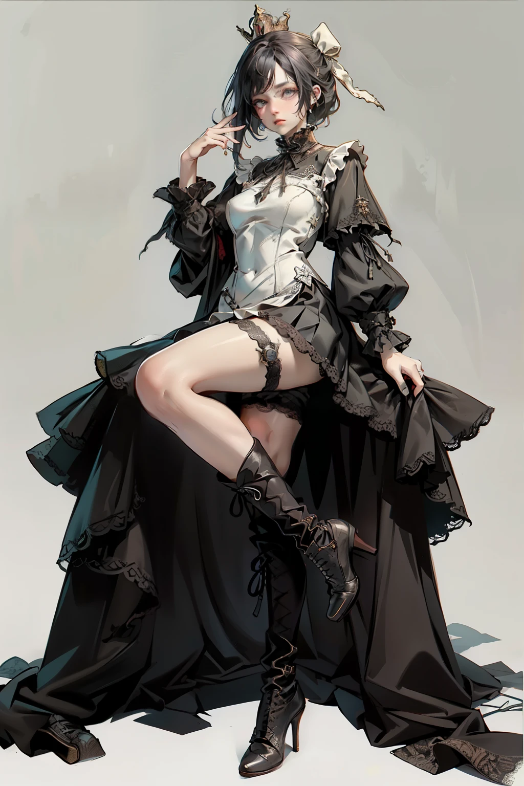 ((best quality)), ((masterpiece)), (detailed), blank white background, plain background, white background, red and white clothing, Bloodborne inspired,  occult aesthetic, occult, detailed and intricate steampunk and detailed gothic, NSFW, Very dramatic and cinematic lighting, cosmic horror, grim-dark, side-lighting, perfect face, NSFW, Fluttering lace flared long knee length dress with frilly petticoats, knee length dress, pleated petticoats, lolita dress, petticoats gothic lolita, complex lace boots, side-lighting, gothic lolita aesthetic, wearing a grand crown, crown, diadem, NSFW, beautiful small breasts, small breasts, full body, whole body, body, plain background, white background, blank background, no background, white background NSFW, full body, whole body, head-to-toe NSFW