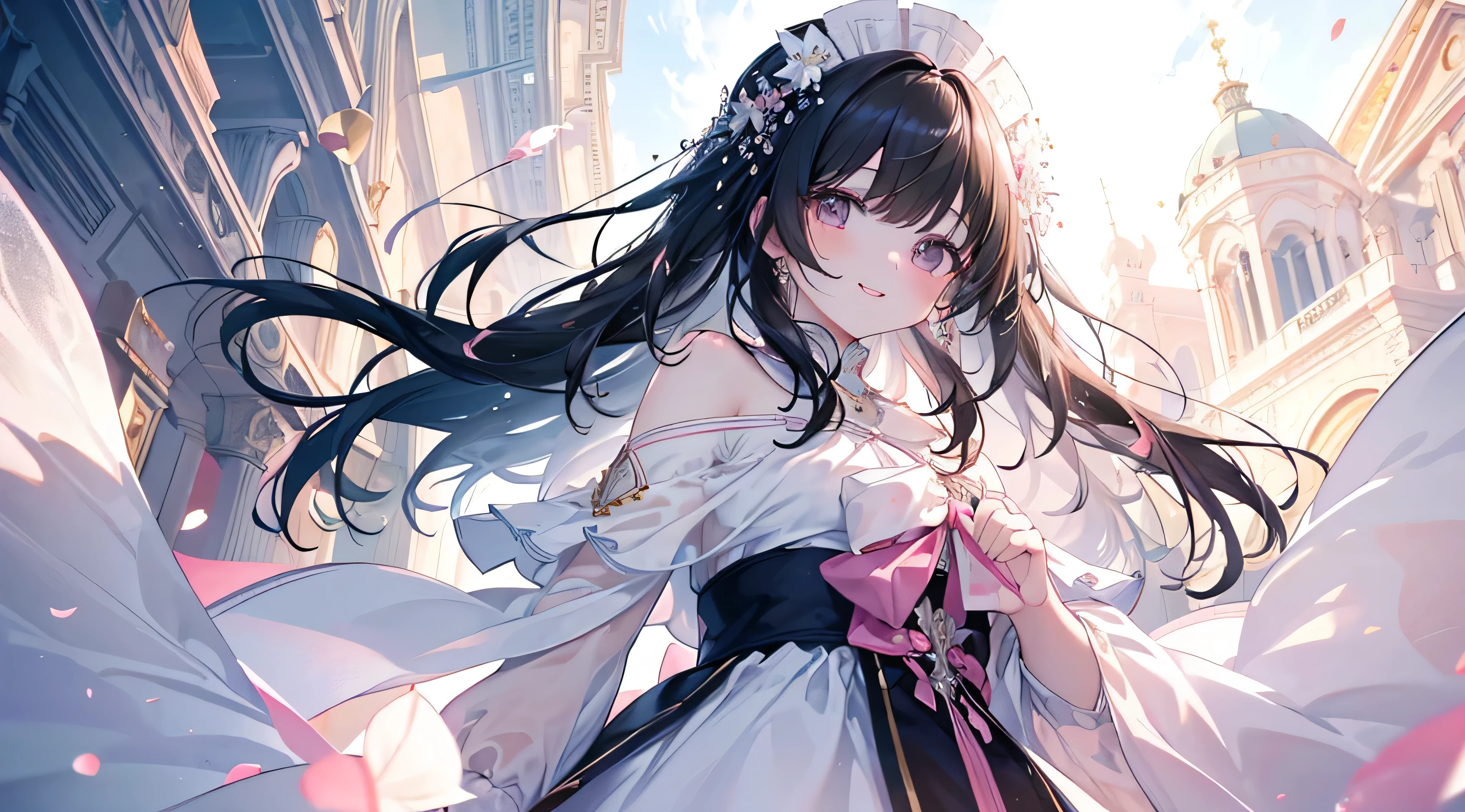 ((Angle from below)) 、(Highest quality、masterpiece、Super fine、Super fine、Exquisite、16k、Full HD) 、((Big Move,happy,fun))mysterious、Black Hair,Soft sunlight、((Clear skies)) 、smile、(Full of energy)Black Eyes、Long eyelashes、White skin、Pale pink lips、Pale pink cheeks、thin and long)、 ((cute)) ((one person)),