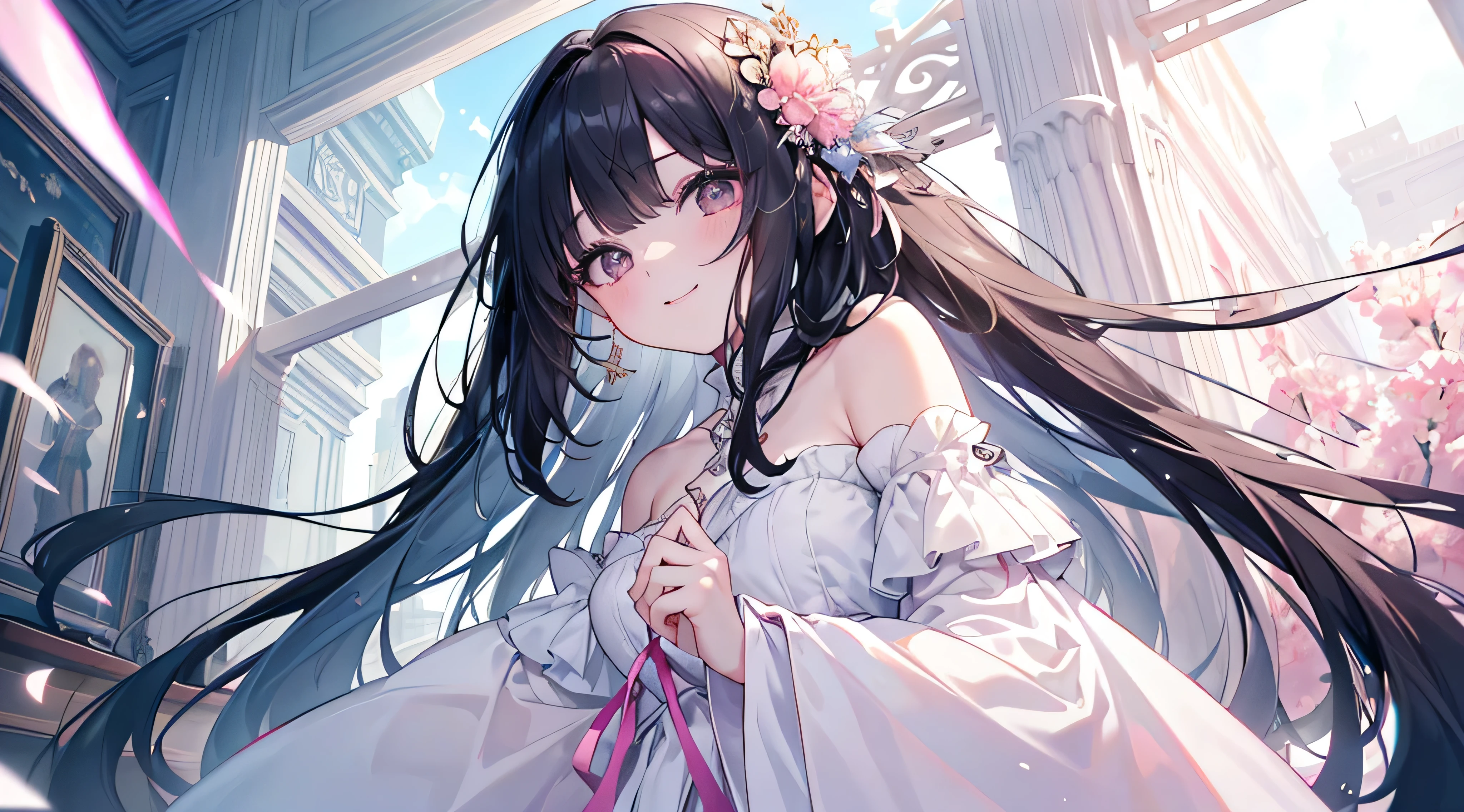((Angle from below)) 、(Highest quality、masterpiece、Super fine、Super fine、Exquisite、16k、Full HD) 、((Big Move,happy,fun))mysterious、Black Hair,Soft sunlight、((Clear skies)) 、smile、(Full of energy)Black Eyes、Long eyelashes、White skin、Pale pink lips、Pale pink cheeks、thin and long)、 ((cute)) ((one person)),