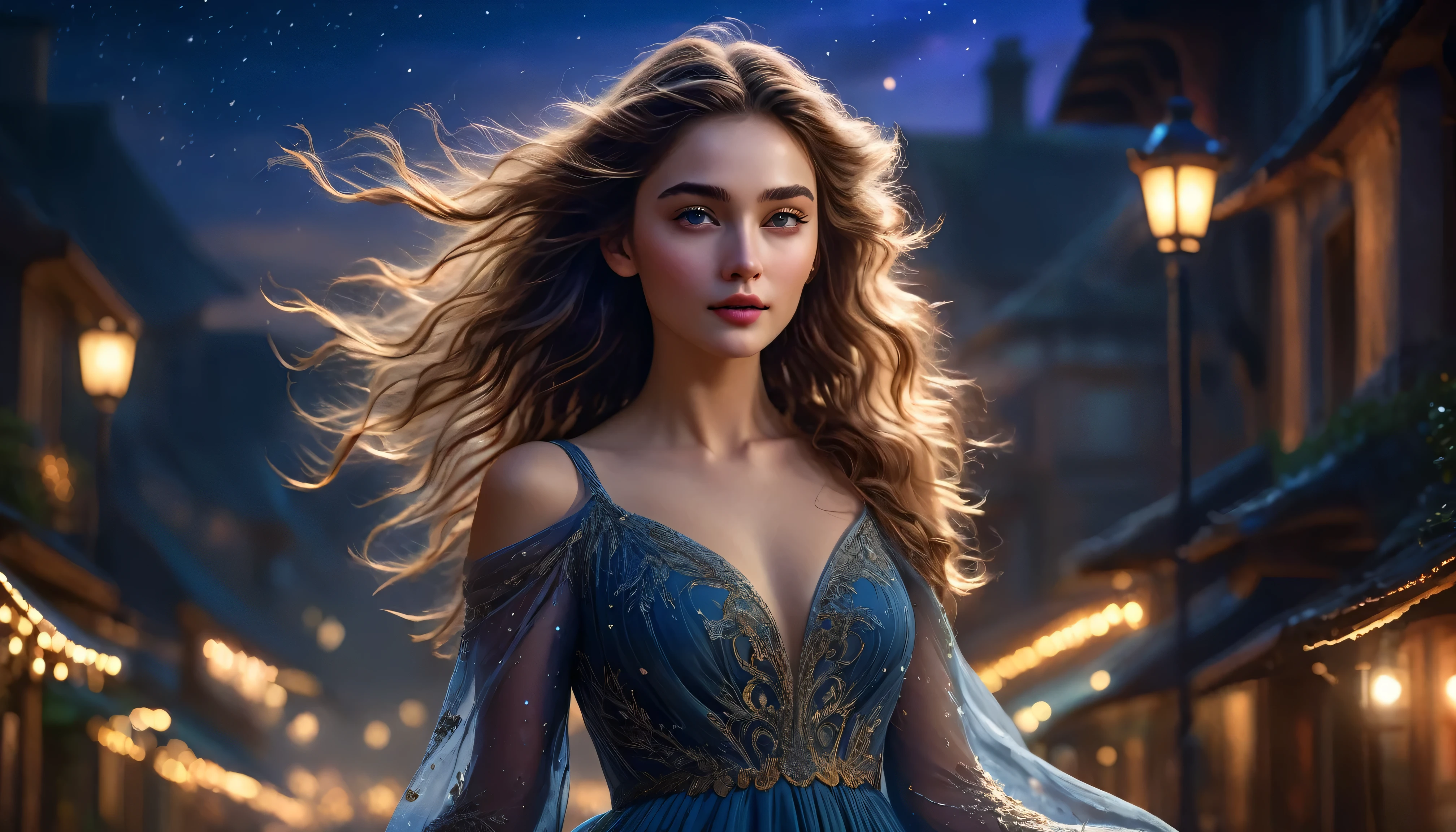 a beautiful girl, windswept hair, in a mystical night, charmiNG,, hyper realistic, 8k, cinematic lighting, detailed facial features, delicate skin, elegant dress, graceful pose, whimsical atmosphere, dramatic shadows, vibrant colors, painterly aesthetic, volumetric lighting, intricate details, dramatic lighting, cinematic composition, dreamlike quality, ethereal beauty, elegant sophistication