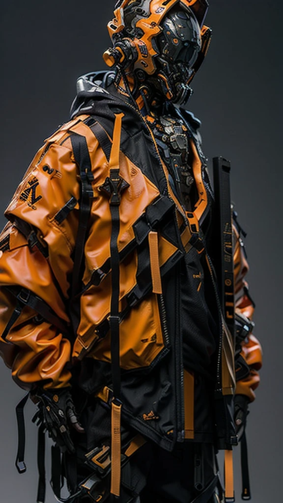 (realistic:1.2),cyberpunk, cyborg, halloween, helmet, jack-o'-lantern, mechanical_arms, orange_jacket, orange_pants, orange_shirt, pumpkin, science_fiction, solo, simple_background, gloves, standing, jacket, cowboy_shot, horns, urban techwear, outfit