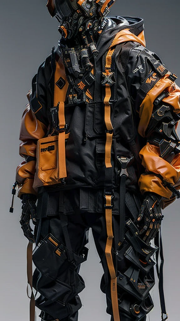 (realistic:1.2),cyberpunk, cyborg, halloween, helmet, jack-o'-lantern, mechanical_arms, orange_jacket, orange_pants, orange_shirt, pumpkin, science_fiction, solo, simple_background, gloves, standing, jacket, cowboy_shot, horns, urban techwear, outfit