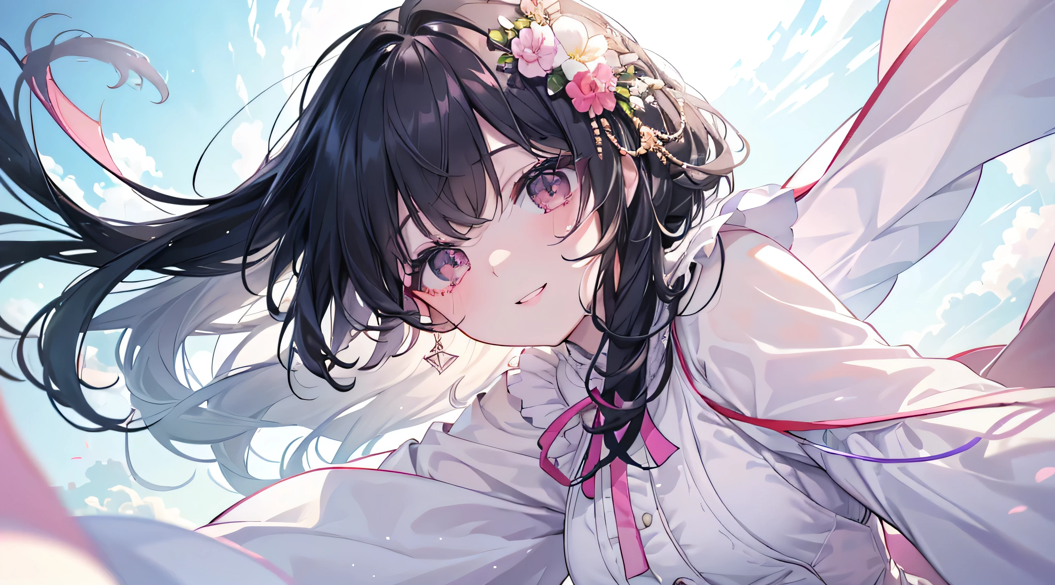 ((Angle from below)) 、(Highest quality、masterpiece、Super fine、Super fine、Exquisite、16k、Full HD) 、((Big Move,happy,fun))mysterious、Black Hair,Soft sunlight、((Clear skies)) 、smile、(Full of energy)Black Eyes、Long eyelashes、White skin、Pale pink lips、Pale pink cheeks、thin and long)、 ((cute)) ((one person)),