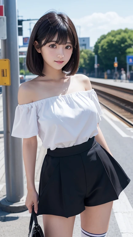 8K、Detailed Description、Very high definition、Realistic、reality的、Real、live-action、reality、High resolution、Nogizaka46、japanese idol,beautiful girl、21 years old、Dark brown eyes、sunny、summer、blue sky、Railway stations、Are standing、Back view、look back、Off-the-shoulder tops、Short black shorts、over the knee socks,Shortcuts、Bangs、blunt bangs,light smile,closed mouth,Knee-up-top angle of view、Back view、look back、Very black hair、pretty girl、Beauty、Glowing Skin、Glowing Skin、Shiny Hair、Hair blowing in the wind、Very white skin、Heavy makeup、Large Breasts、Slit eyes、Big Eyes、Dark brown eyes、Double eyelids、Don't show your teeth、Hang the bag over your shoulder