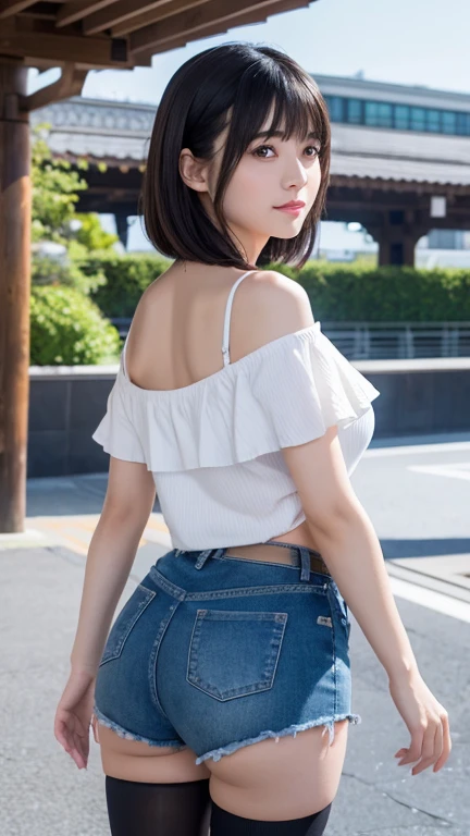 8K、Detailed Description、Very high definition、Realistic、reality的、Real、live-action、reality、High resolution、Nogizaka46、japanese idol,beautiful girl、21 years old、Dark brown eyes、sunny、summer、blue sky、Railway stations、Are standing、Back view、look back、Off-the-shoulder tops、Short black shorts、over the knee socks,Shortcuts、Bangs、blunt bangs,light smile,closed mouth,Knee-up-top angle of view、Back view、look back、Very black hair、pretty girl、Beauty、Glowing Skin、Glowing Skin、Shiny Hair、Hair blowing in the wind、Very white skin、Heavy makeup、Large Breasts、Slit eyes、Big Eyes、Dark brown eyes、Double eyelids、Don&#39;t show your teeth、Hang the bag over your shoulder