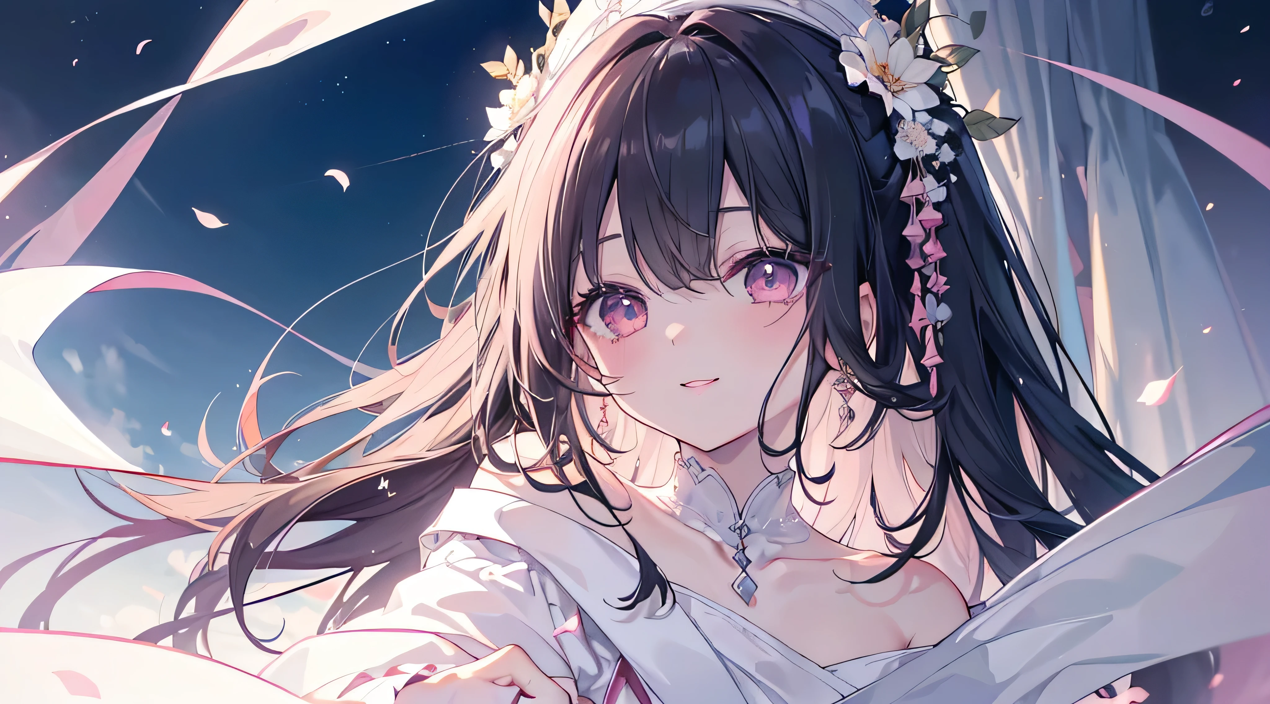((Angle from below)) 、(Highest quality、masterpiece、Super fine、Super fine、Exquisite、16k、Full HD) 、((Big Move,happy,fun))mysterious、Black Hair,Soft sunlight、((Clear skies)) 、smile、(Full of energy)Black Eyes、Long eyelashes、White skin、Pale pink lips、Pale pink cheeks、thin and long)、 ((cute)) ((one person)),
