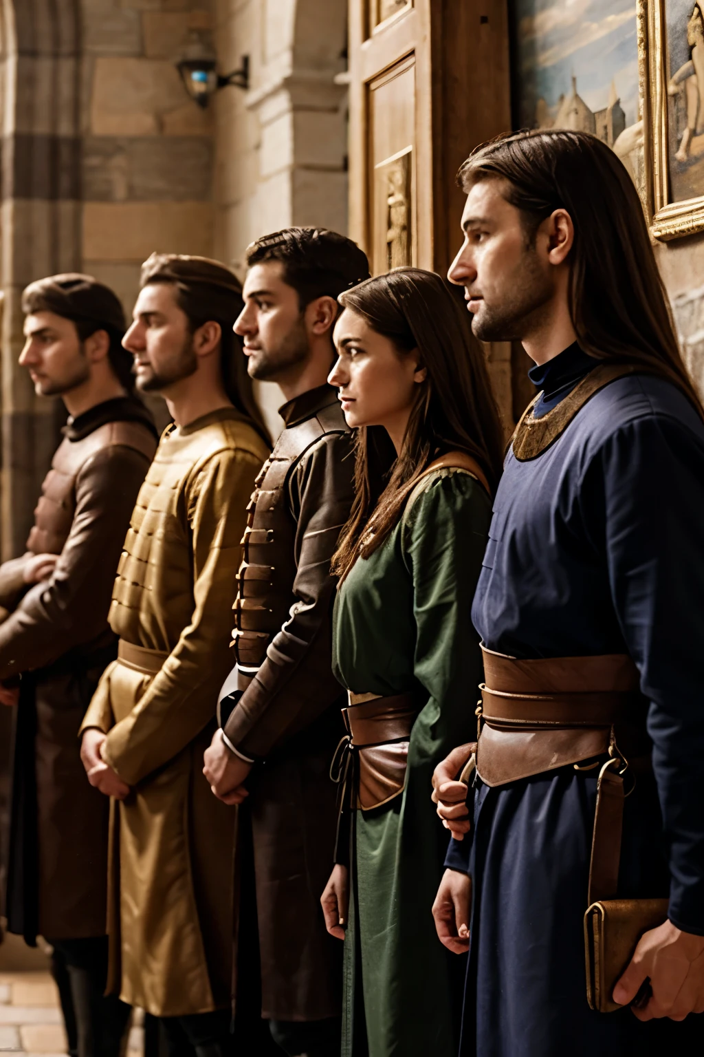 medieval European dynasty, people stand in profiles in a row and look forward