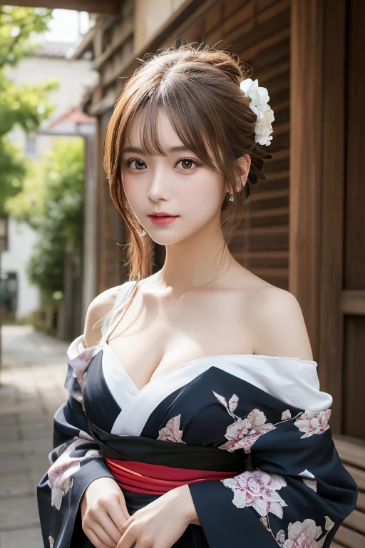 masutepiece, Best Quality, Illustration, Ultra-detailed, finely detail, hight resolution, 8K Wallpaper, Perfect dynamic composition, Beautiful detailed eyes, Kimono, Off-shoulder, cleavage, Full body