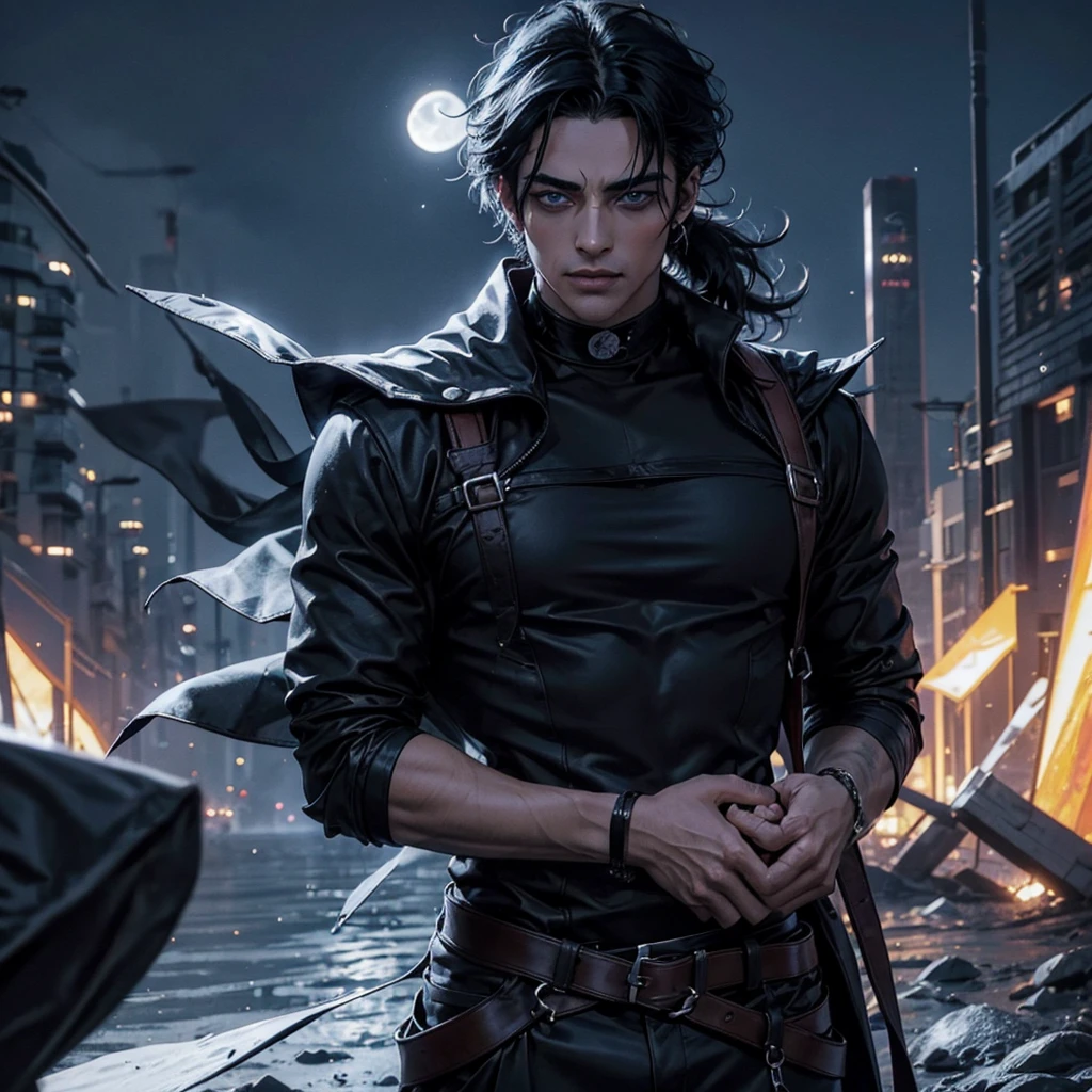 One man, Pelo desordenado de la cabecera, Llevar disfraz de vampiro, ojos amarillos,  colmillos salientes de su boca, sangre resbalando de su boca, amenazante, sexy, sensual,  razor-sharp jawline, mirada penetrante, Cold and mysterious character, 8k, Detailed features, muy guapo, sonriente, actitud fiestera, ENTP, fiesta, traje de gala, cuerpo entero, (black hair low long ponytail blue eyes), red shirt, ((moon))