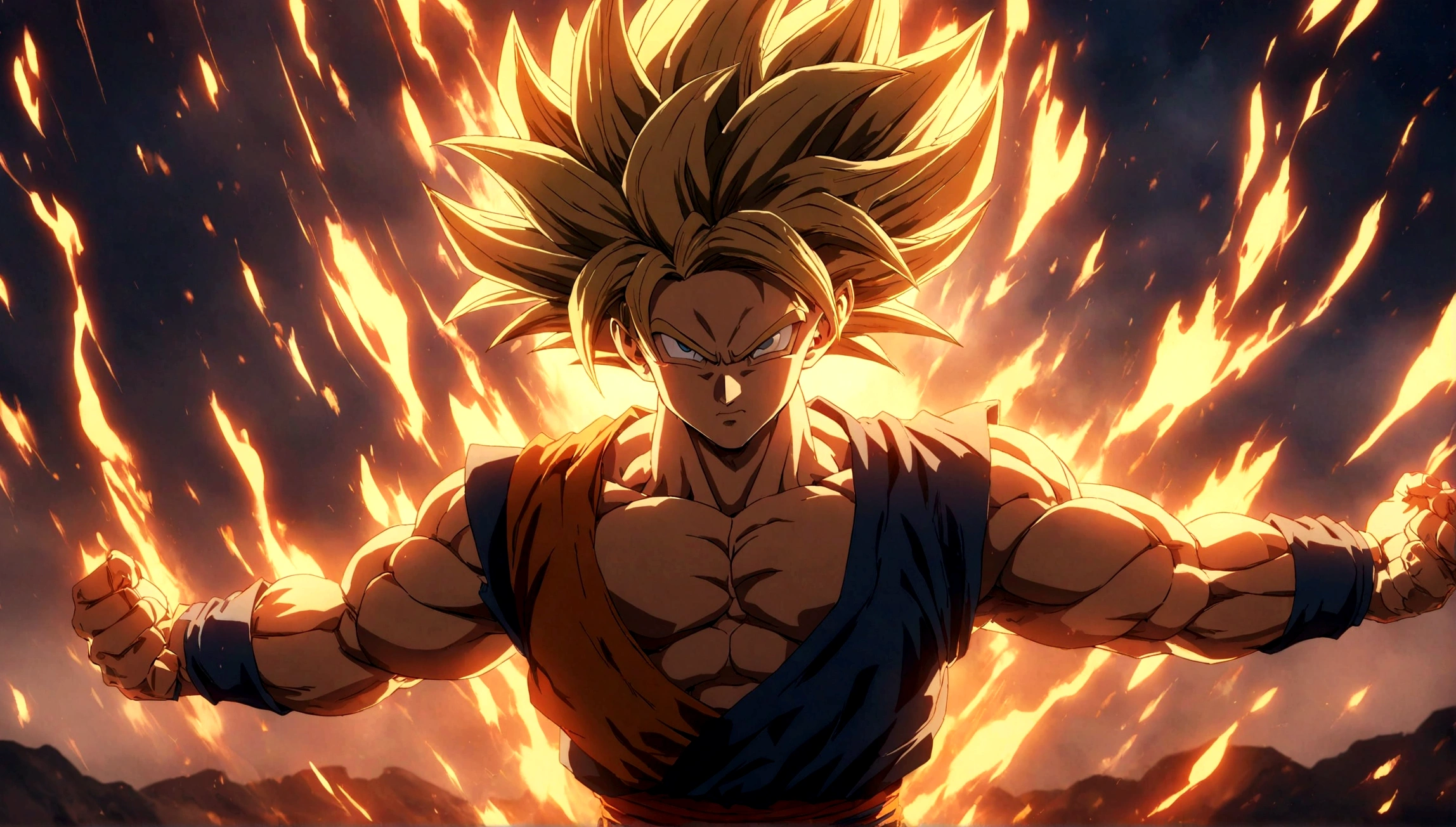 1 super saiyan son goku, goku in super saiyan form, perfect anime style, cosmic energy, detailed face, muscular body, dynamic pose, glowing golden aura, dramatic lighting, cinematic composition, vibrant colors, digital art, 8k, highly detailed, masterpiece