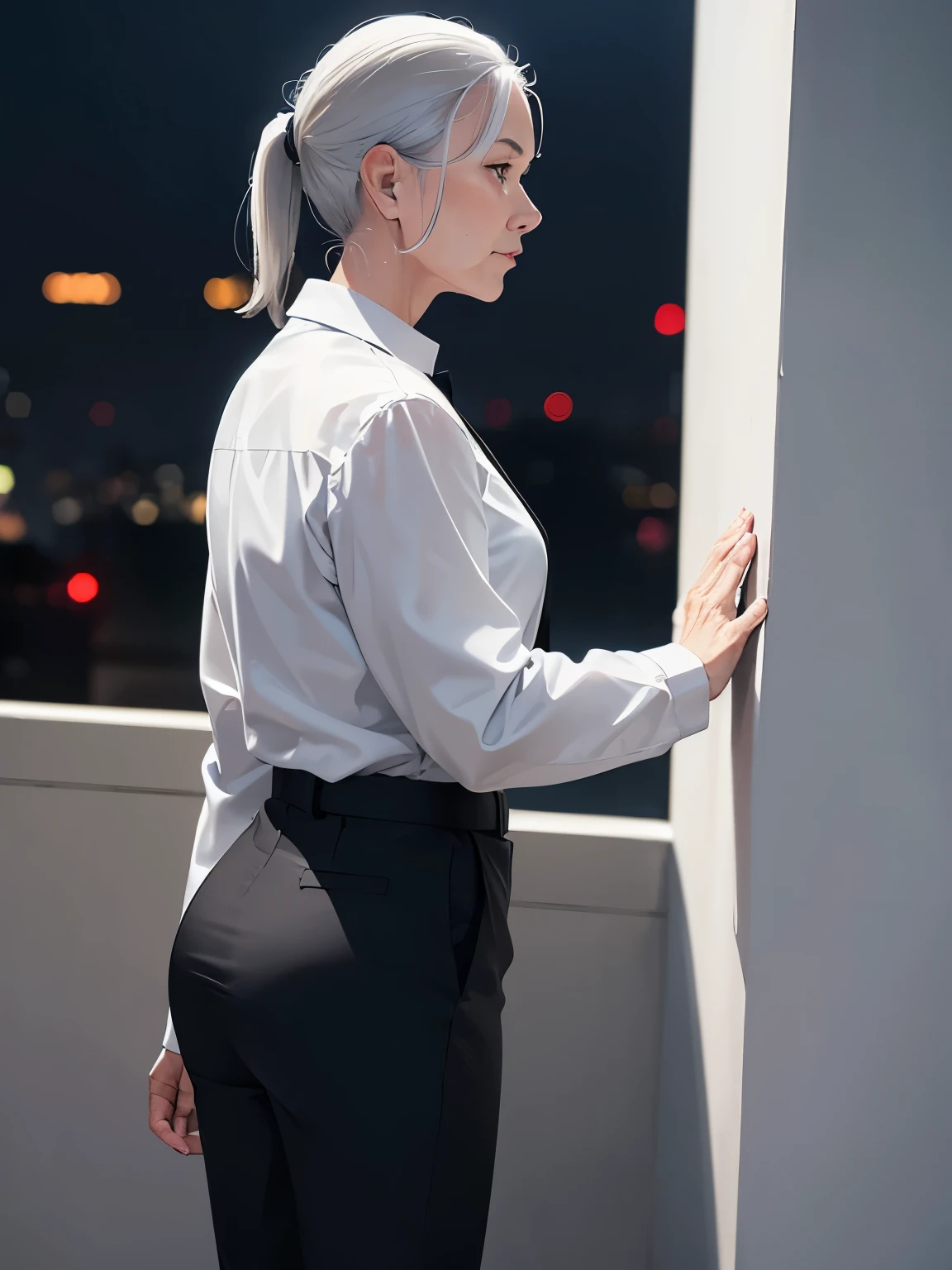 1old woman,white skin,50 years old,solo,Narrow eyes,grey hair, medium hair,ponytail,White long-sleeved shirt, black trousers, black tie,,standing Facing right, camera angle from the side, photo from the side, looking away,night, close up photo
