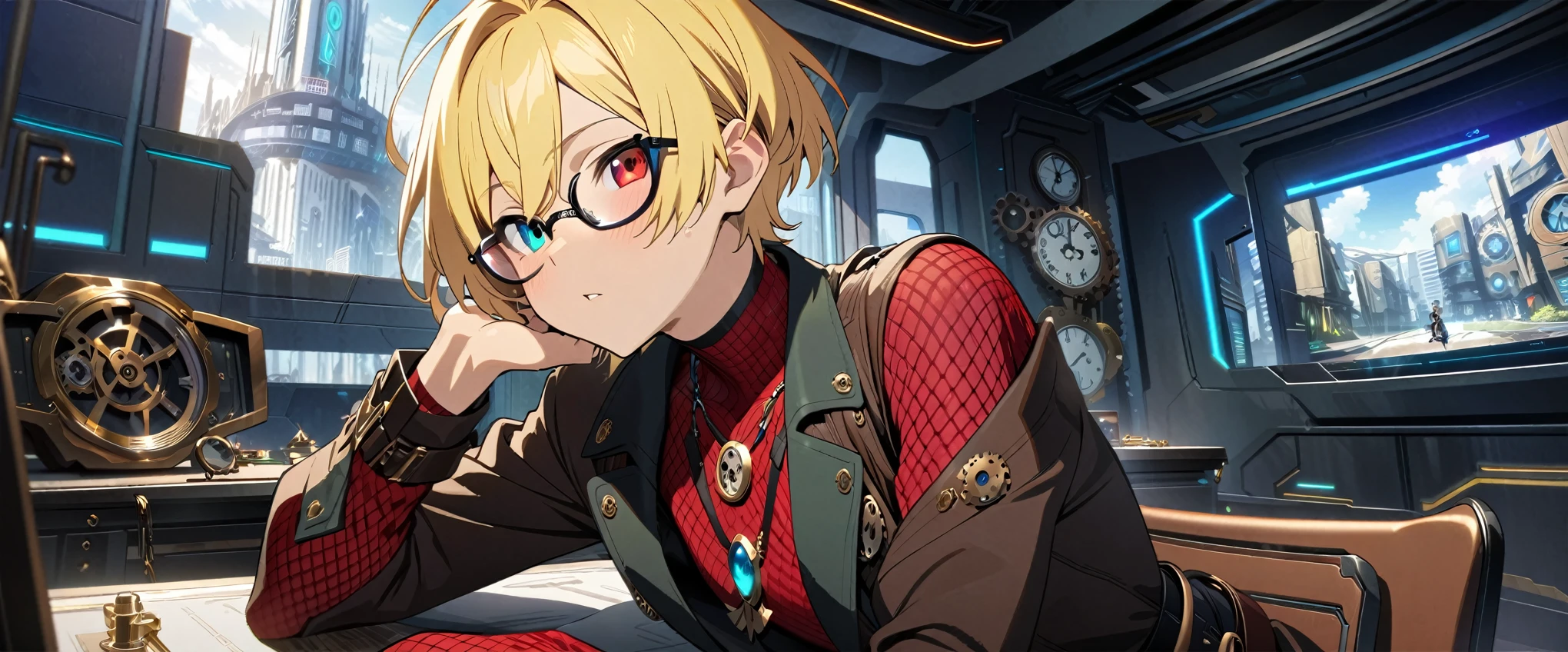 (((masterpiece,highest quality))),((Anime androgynous boy with short hair, blonde and red mesh hair in steampunk style outfit)),((One boy)),(Sitting in a chair and resting his chin on his desk),((Wears thick framed, stylish glasses)),((Blue and red heterochromia)),((Clock and gear motif necklace,A brooch with a clock and gear motif)),A melancholic look,A room in a futuristic, inorganic building,anime