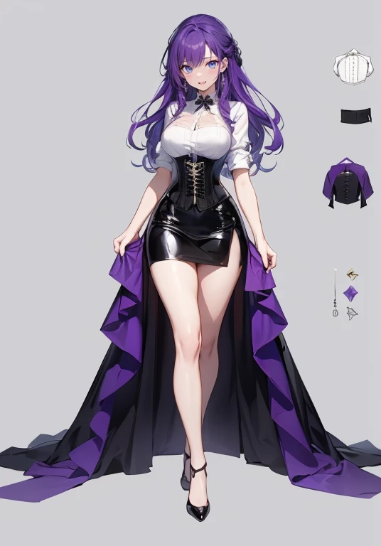 Purple Hair,voluminous long hair,Adult female,White shirt,((Roll up your sleeves)),(corset),(Tight Skirt),(High heels),Heels are visible,((Simple Background)),smile,((whole body)),((whole body)),Character Sheet,