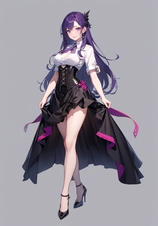 Purple Hair,voluminous long hair,Adult female,White shirt,((Roll up your sleeves)),(corset),(Tight Skirt),(High heels),Heels are visible,((Simple Background)),smile,((whole body)),((whole body)),Character Sheet,