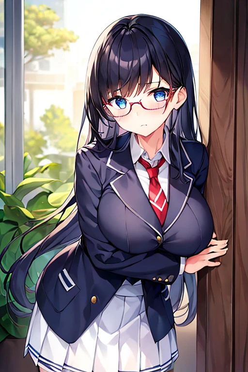 1girl, ((school uniform)), mature female, tall female, dark blue hair, black hair, long hair, wavy mouth, blue eyes, shy, timid, huge breasts, thick thighs, pantyhose, arms behind back, white skirt, skirt, red necktie, necktie, black jacket, jacket, pleated skirt, red glasses, glasses, ((black jacket)), ((white skirt))