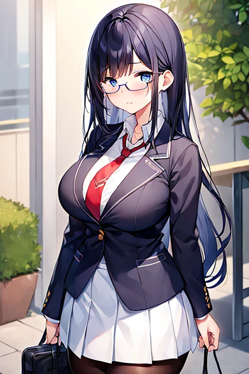 1girl, ((school uniform)), mature female, tall female, dark blue hair, black hair, long hair, wavy mouth, blue eyes, shy, timid, huge breasts, thick thighs, pantyhose, arms behind back, white skirt, skirt, red necktie, necktie, black jacket, jacket, pleated skirt, red glasses, glasses, ((black jacket)), ((white skirt))