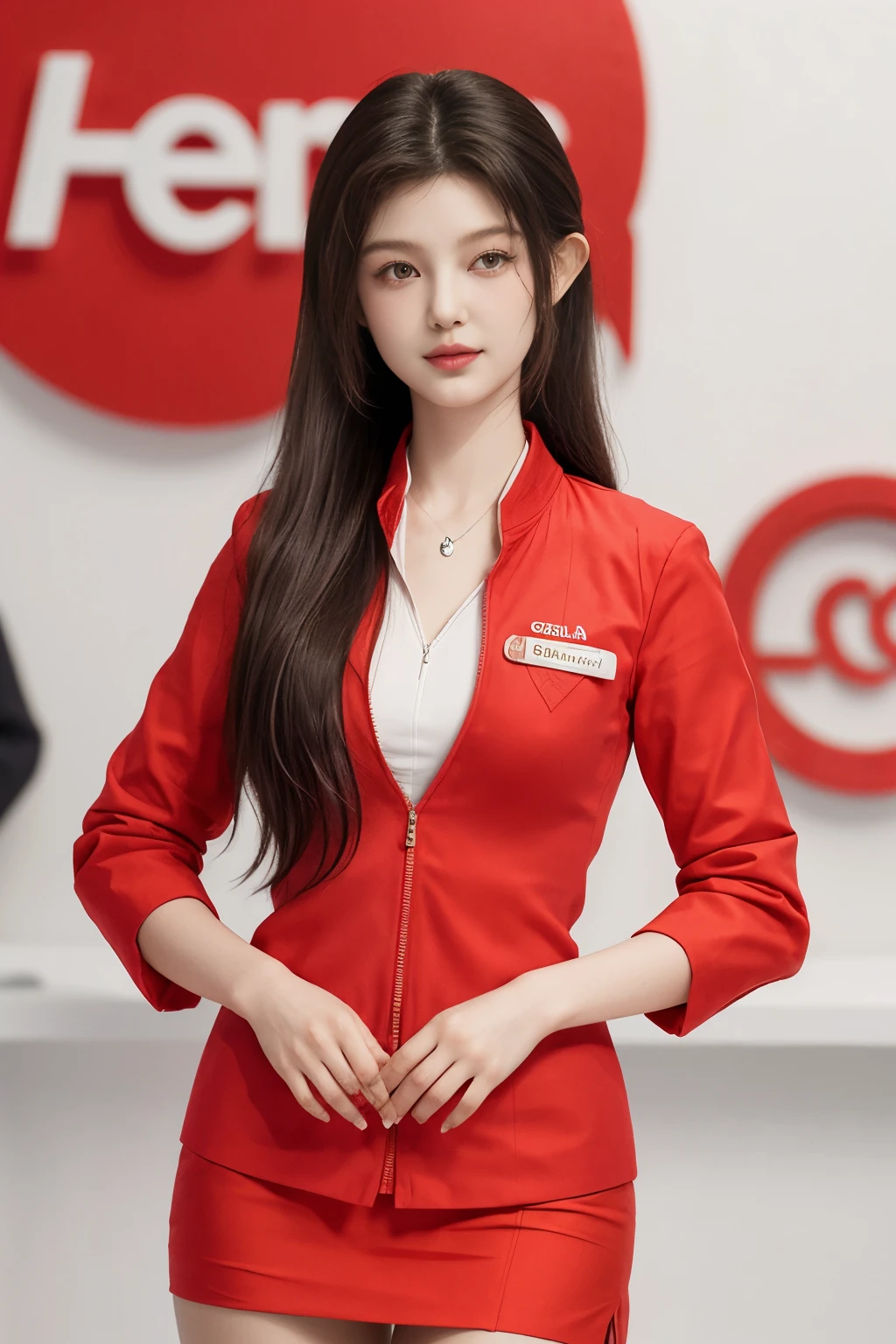 (masterpiece:1.2, highest quality:1.2), 32K HDR, High resolution, (alone、1 girl)、（At the airport entrance、Professional Lighting）、（Realistic style with AirAsia flight attendant uniforms）、（AirAsia uniform unzipped red jacket、AirAsia uniform long sleeve red jacket、AirAsia uniform red mini tight skirt、AirAsia uniform white shirt unbuttoned）、Big breasts showing cleavage、（AirAsia uniform shirt cleavage reveals big boobs）、Dark brown hair、ponytail、Red rubber band、（Long hair down to the waist、Tie your hair behind your head、Her tied-up long hair flutters in the wind）、A strong wind is blowing、Long Shot、（（Fine hand：2.0）），（（Harmonious body proportions：1.5）），（（Normal limbs：2.0）），（（Normal finger：2.0）），（（Delicate eyes：2.0）），（（Normal eyes：2.0））)、Luxury Necklace、Beautiful standing posture