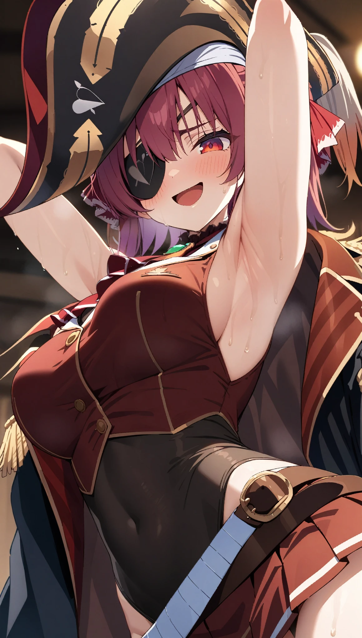 (masterpiece:1.2), hyper detail, best quality, (intricate_details:1.1), beautiful detailed, beautiful hair, solo, 1girl,((ANIME COLORING)),marine_pirate, hair ribbon, red ascot, belt, leotard under clothes, covered navel, black leotard, sleeveless, black coat, pirate hat, eyepatch, red eyes,blurry_background,sweating,greasy shoulder,from below,looking side,flipped hair,armpit,greasy armpit,from side, shoulder focus,((armpit focus)),bare shoulder,upper body,((greasy armpit)),((smooth armpit)),((Pupil details)),backlighting,((Stretch oneself)),((Detailed armpit)),((elastic armpit)),((soft armpit)),pov,looking at viewer,evil smile,open mouth,red miniskirt,((red sleeveless expose waist shirt))