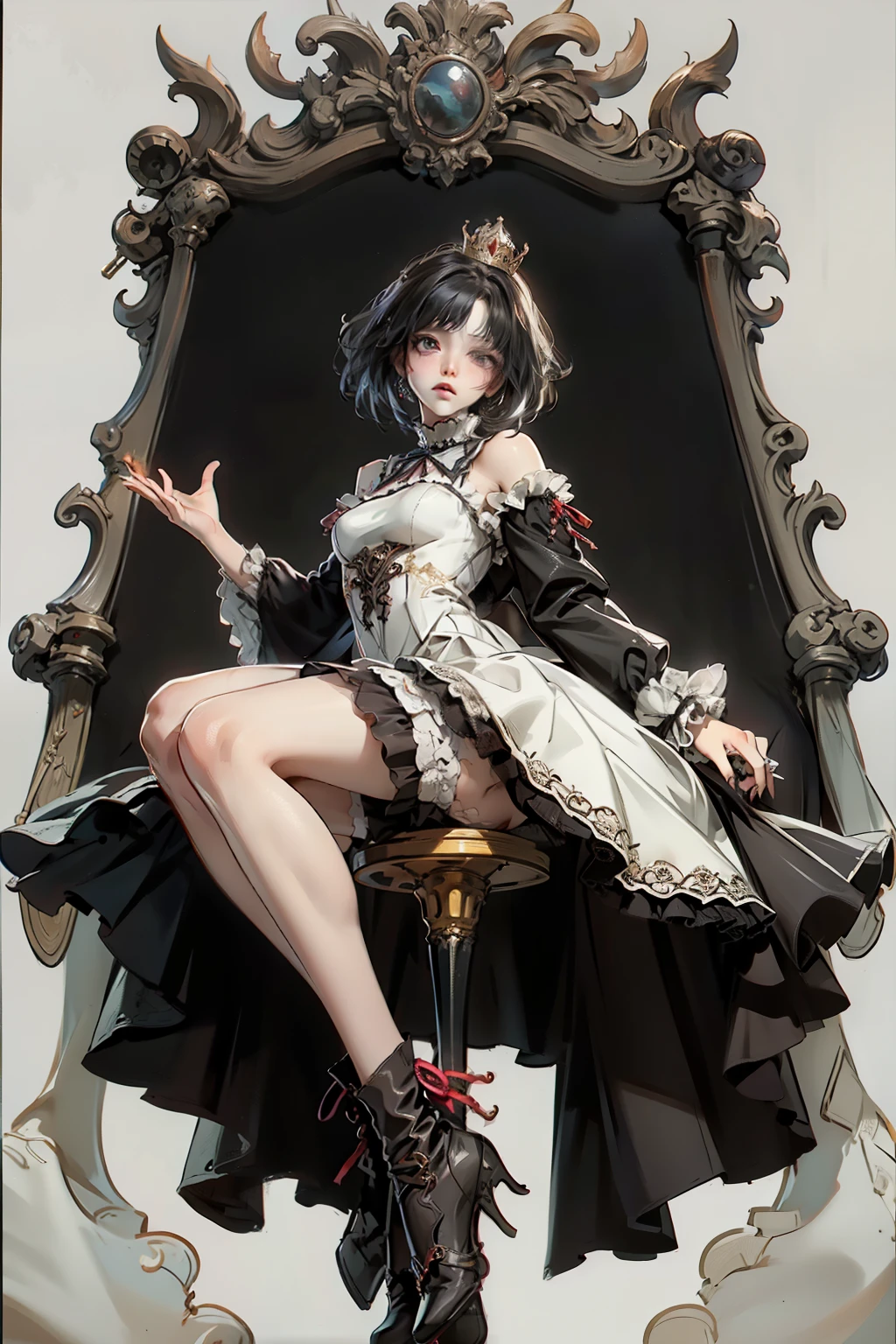 ((best quality)), ((masterpiece)), (detailed), blank white background, plain background, white background, red and white clothing, Bloodborne inspired, occult aesthetic, occult, detailed and intricate steampunk and detailed gothic, NSFW, Very dramatic and cinematic lighting, cosmic horror, grim-dark, side-lighting, perfect face, NSFW, Fluttering lace flared long knee length dress with frilly petticoats, knee length dress, pleated petticoats, lolita dress, petticoats gothic lolita, complex lace boots, side-lighting, gothic lolita aesthetic, wearing a grand complex crown, crown, diadem, NSFW, beautiful small breasts, small breasts, full body, whole body, body, plain background, white background, blank background, no background, white background NSFW, full body, whole body, head-to-toe NSFW