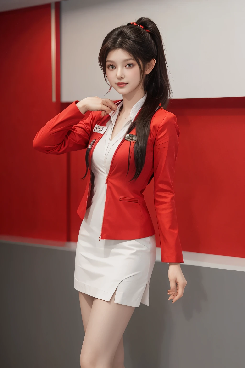 (masterpiece:1.2, highest quality:1.2), 32K HDR, High resolution, (alone、1 girl)、（At the airport entrance、Professional Lighting）、（Realistic style with AirAsia flight attendant uniforms）、（AirAsia uniform unzipped red jacket、AirAsia uniform long sleeve red jacket、AirAsia uniform red mini tight skirt、AirAsia uniform white shirt unbuttoned）、Big breasts showing cleavage、（AirAsia uniform shirt cleavage reveals big boobs）、Dark brown hair、ponytail、Red rubber band、（Long hair down to the waist、Tie your hair behind your head、Her tied-up long hair flutters in the wind）、A strong wind is blowing、Long Shot、（（Fine hand：2.0）），（（Harmonious body proportions：1.5）），（（Normal limbs：2.0）），（（Normal finger：2.0）），（（Delicate eyes：2.0）），（（Normal eyes：2.0））)、Luxury Necklace、Beautiful standing posture