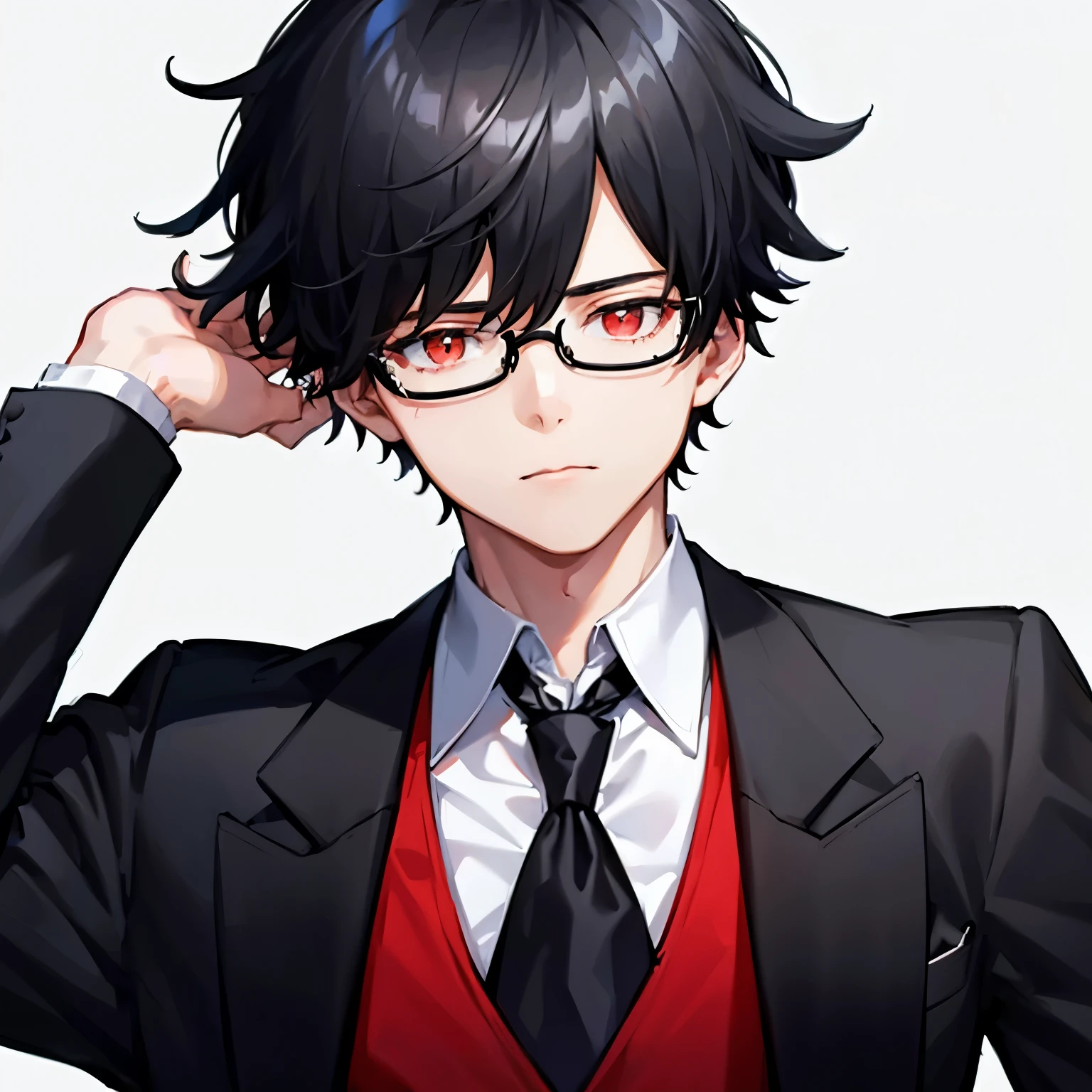 1boy, black_medium_hair, asymmetrical_bangs, glasses, red_vest, white_dress_shirt, ascot_tie, looking_at_viewer