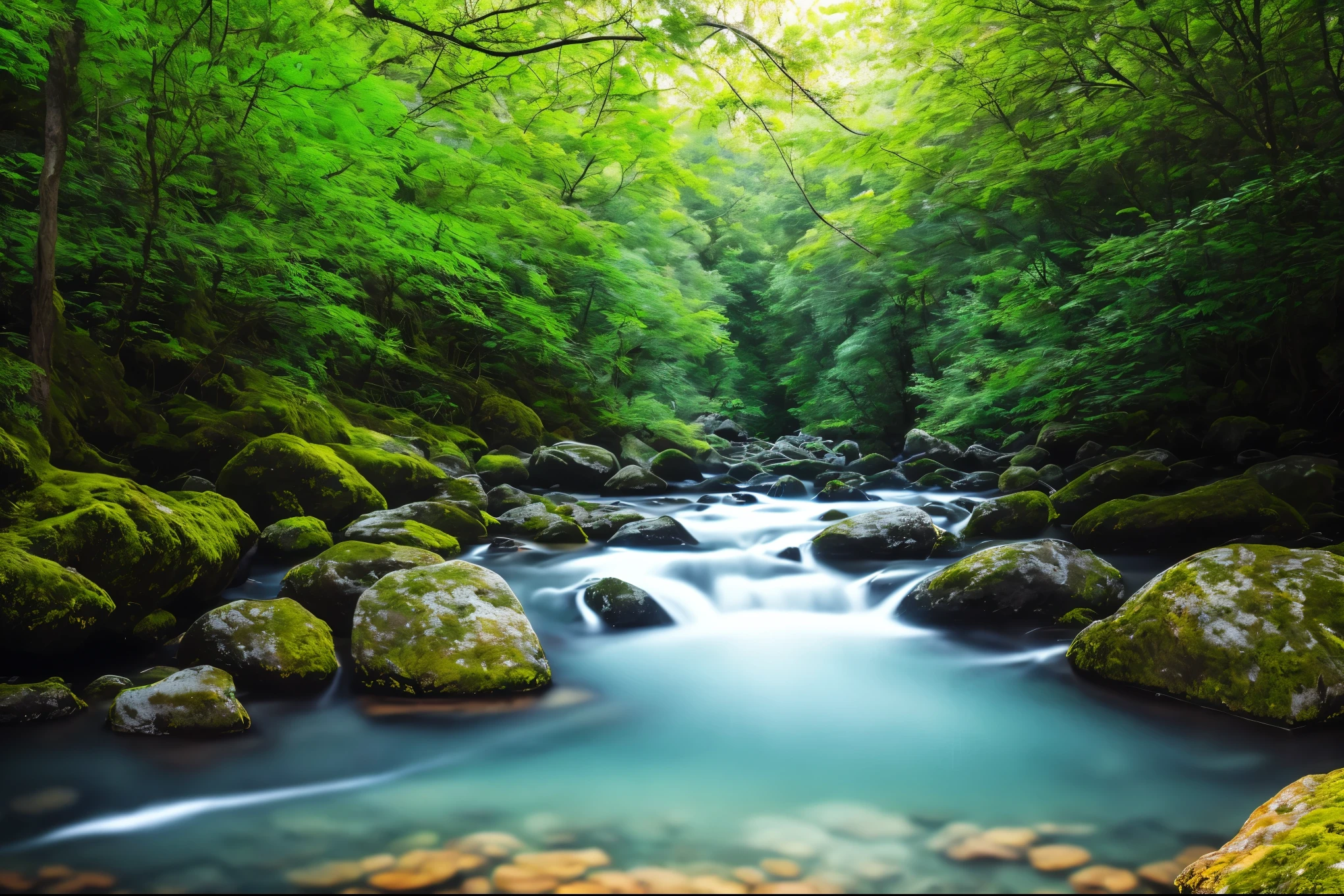 a river, a picture by Karl Völker, pexels contest winner, romanticism, stunning nature in background, really beautiful nature, river with stunning water, peaceful and serene, blue and green water, beautiful place, very close to real nature, beautiful environment, green waters, mystical forest lagoon