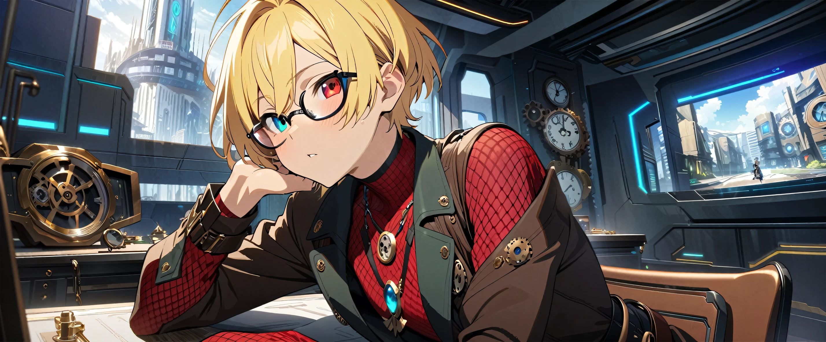 (((masterpiece,highest quality))),((Anime androgynous boy with short hair, blonde and red mesh hair in steampunk style outfit)),((One boy)),(Sitting in a chair and resting his chin on his desk),((Wears thick framed, stylish glasses)),((Blue and red heterochromia)),((Clock and gear motif necklace,A brooch with a clock and gear motif)),A melancholic look,A room in a futuristic, inorganic building,anime