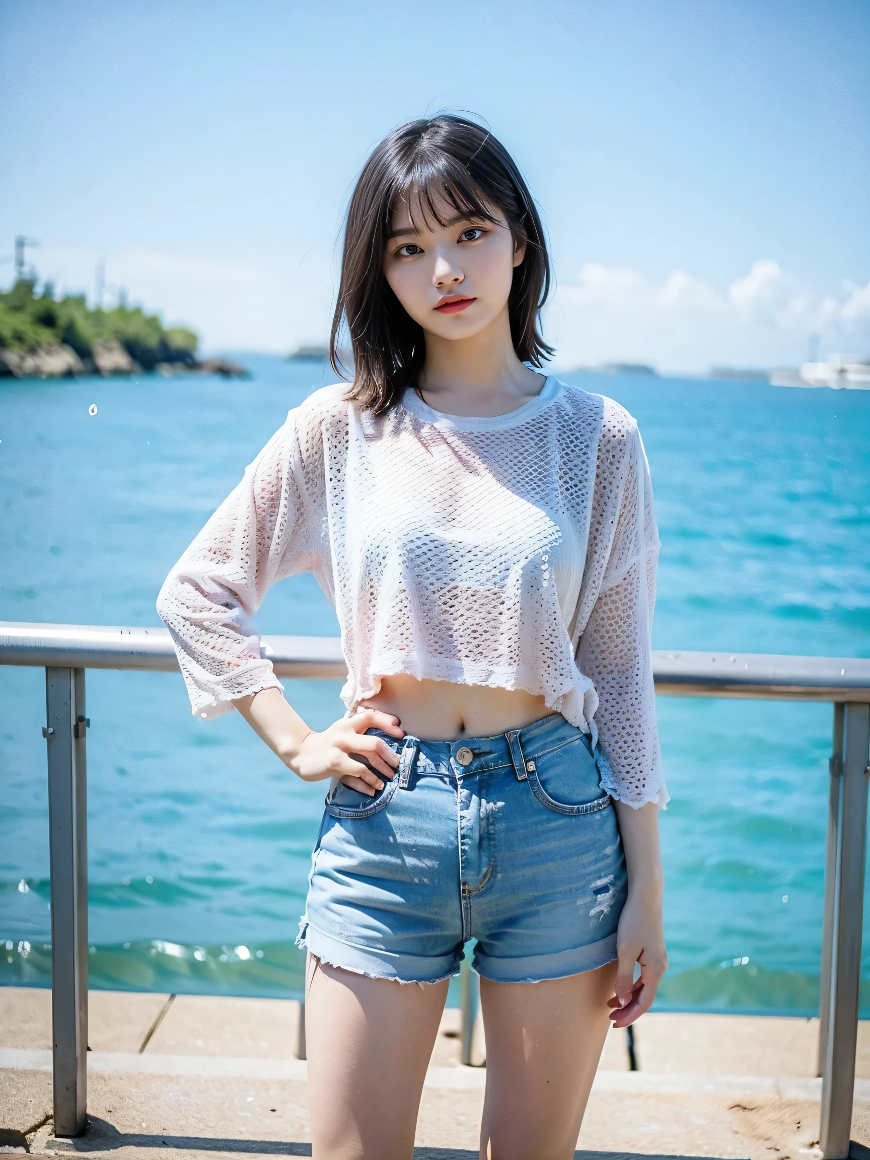 (8k、RAW Photos、highest quality、masterpiece:1.2)、(Realistic、Realistic)、1 girl、((Light blue shorts、Big Breasts、whole body、In the sea、View from the front、Looking into the camera、Standing with one hand on one hip))、