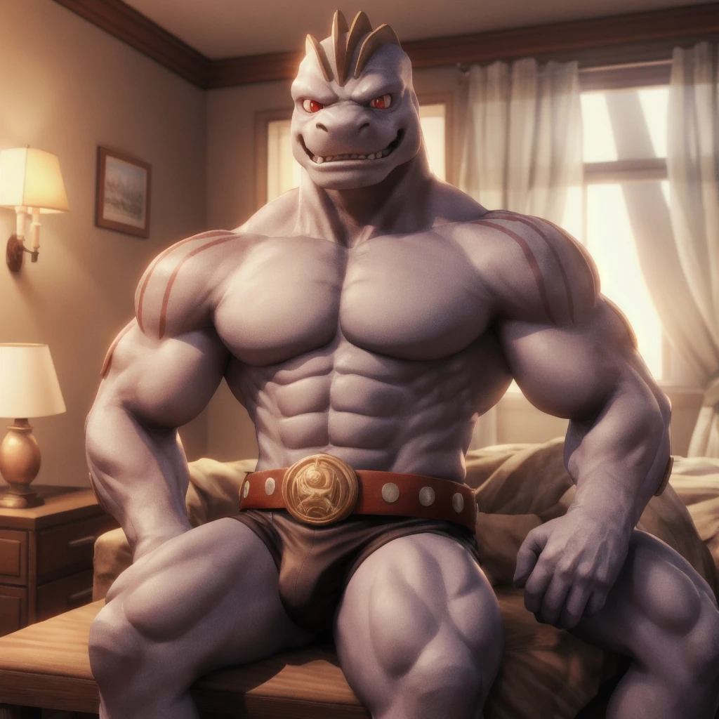 3d render, cryengine, machoke, muscular, arm marking, red eyes, black briefs, belt,looking at viewer, smiling, happy,
sitting, indoors, bedroom, detailed background,
playful ambiance, extremely detailed, HDR,