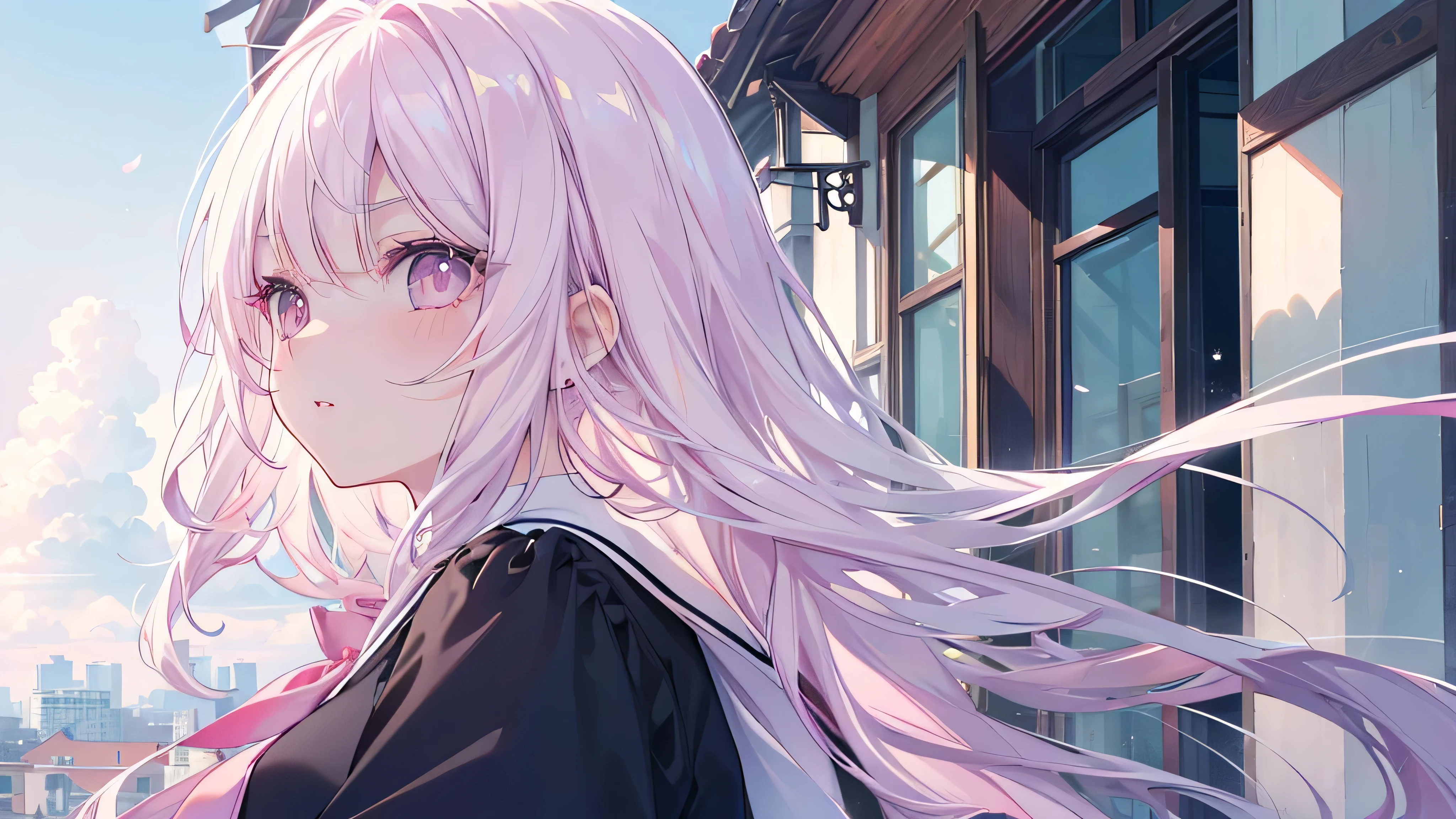 high school girl,((Highest quality、masterpiece、Super fine、Super fine、Exquisite、16k、Full HD) ) 、((Serious expression)), ((Big Move,))mysterious、(((Angle looking up))),Soft sunlight、((Clear skies)) 、Black Eyes、Long eyelashes、White skin、(Pale pink lips、Pale pink cheeks、thin and long)、 ((cute)) ((one person)),