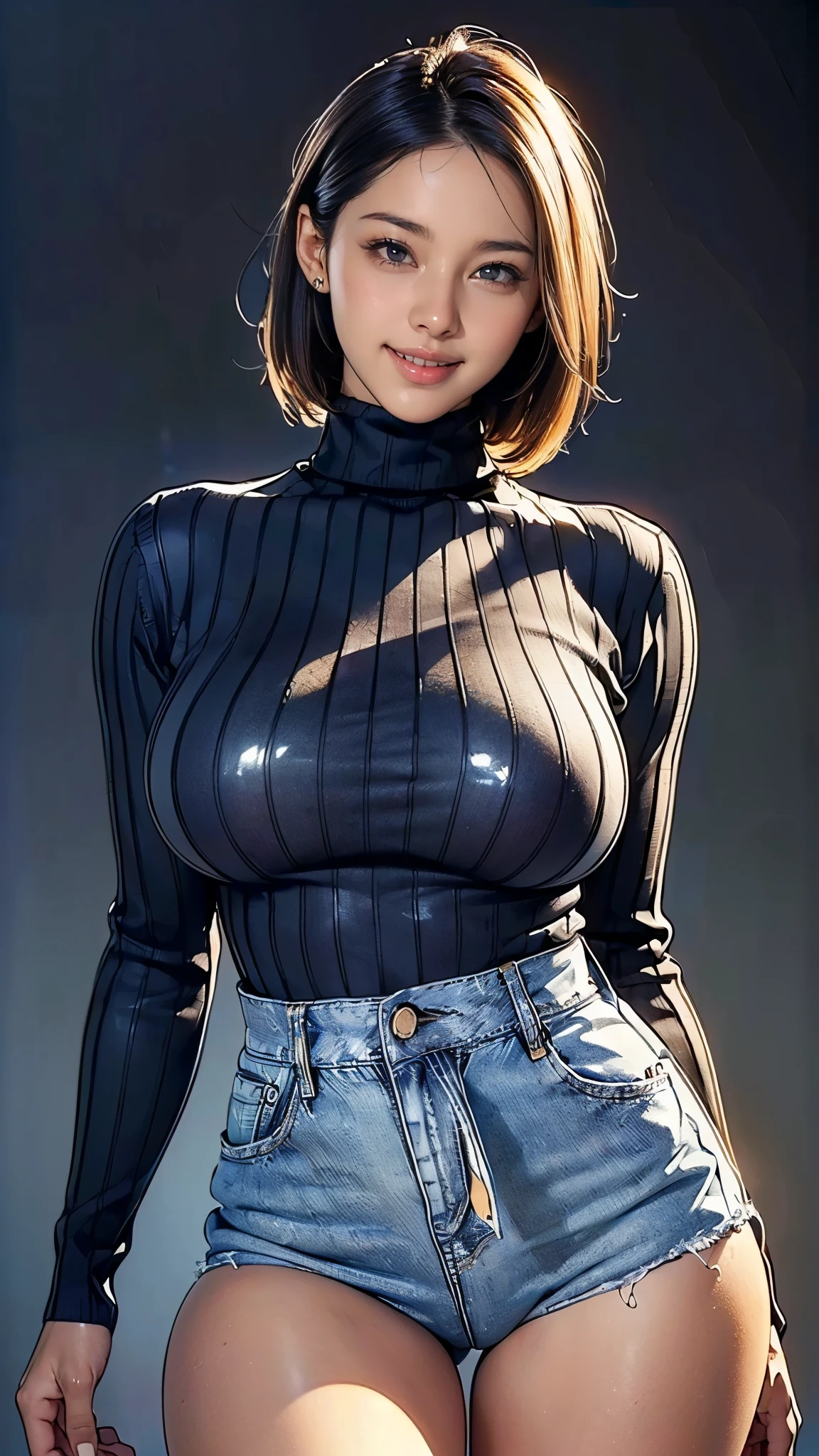 (1 girl:1.5),(50 years old:1.5),(Detailed body:1.4),(Beautiful Skin:1.4),(Japanese:1.5),((Turtleneck sweater that fits the body:1.5)),(No bra:1.2),((Wearing jeans:1.5)),(front:1.5),BREAK(Looking at me:1.5),((Fine skin:1.4)),(Shiny skin:1.5),(Beautiful Face:1.5),(Detailed hand drawing:1.3),(Beautiful female hands:1.3),(smile:1.5),(short hair),BREAK(Big Breasts:1.5),(Blurred Background:1.5),(Very sensual:1.5),(sexy:1.5),((Thick thighs:1.5)),(Beautiful body:1.5),((Very sensual:1.5)),BREAK(((masterpiece:1.5),(highest quality:1.5),(Very detailed:1.5),(High resolution:1.5),(Realistic:1.5),(Realistic:1.5),(Delicate depiction),(Careful depiction))),8k,wallpaper