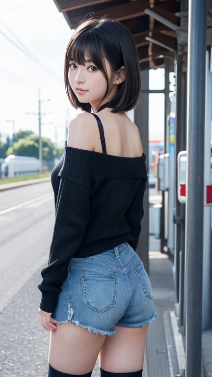 8K、Detailed Description、Very high definition、Realistic、reality的、Real、live-action、reality、High resolution、Nogizaka46、japanese idol,beautiful girl、21 years old、Dark brown eyes、sunny、summer、blue sky、Railway stations、Are standing、Back view、look back、Off-the-shoulder tops、Short black shorts、over the knee socks,Shortcuts、Bangs、blunt bangs,light smile,closed mouth,Knee-up-top angle of view、Back view、look back、Very black hair、pretty girl、Beauty、Glowing Skin、Glowing Skin、Shiny Hair、Hair blowing in the wind、Very white skin、Heavy makeup、Large Breasts、Slit eyes、Big Eyes、Dark brown eyes、Double eyelids、Don't show your teeth、Hang the bag over your shoulder