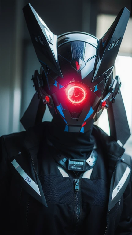 obra maestra, mejor calidad, a closeup of a futuristic looking cyborg girl with a fantastic cyber helmet head with red triangular LED lights and a halo, vestido con una chaqueta Techwear negra, cuerpo entero fondo blanco