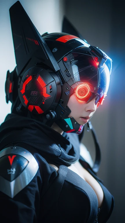 obra maestra, mejor calidad, a closeup of a futuristic looking cyborg girl with a fantastic cyber helmet head with red triangular LED lights and a halo, vestido con una chaqueta Techwear negra, cuerpo entero fondo blanco