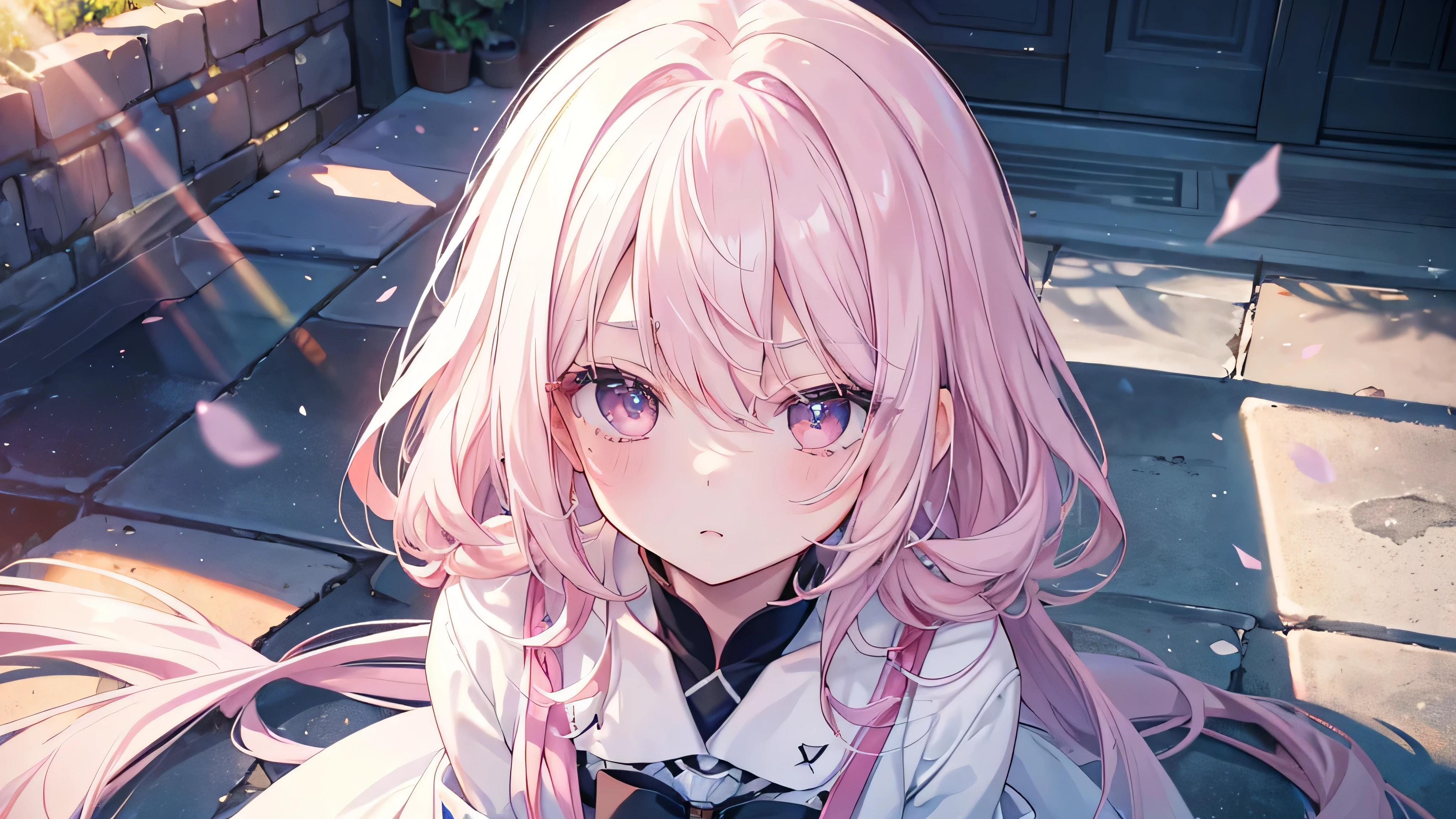 high school girl,((Highest quality、masterpiece、Super fine、Super fine、Exquisite、16k、Full HD) ) 、((Serious expression)), ((Big Move,))mysterious、(((Looking up))),Soft sunlight、((Clear skies)) 、Black Eyes、Long eyelashes、White skin、(Pale pink lips、Pale pink cheeks、thin and long)、 ((cute)) ((one person)),