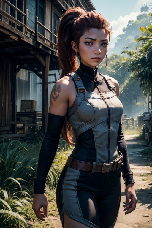 
iliaamitola, ilia amitola, long hair, blue eyes, brown hair, ponytail, dark skin, dark-skinned female, BREAK bare shoulders, bodysuit, BREAK walking through jungle with marines,  old bridge, river, post-apocalypse, dystopian future, crowd, (crowd in military uniforms), (volumetric lighting), best quality, masterpiece, intricate details, tonemapping, sharp focus, hyper detailed, BREAK looking at viewer, (cowboy shot:1.5), BREAK (masterpiece:1.2), best quality, high resolution, unity 8k wallpaper, (illustration:0.8), (beautiful detailed eyes:1.6), extremely detailed face, perfect lighting, extremely detailed CG, (perfect hands, perfect anatomy), 
