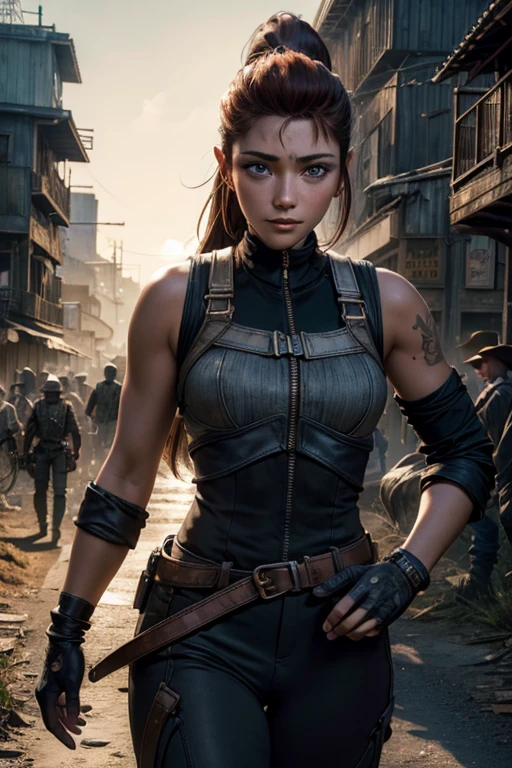 iliaamitola, ilia amitola, long hair, blue eyes, brown hair, ponytail, dark skin, dark-skinned female, BREAK bare shoulders, bodysuit, BREAK walking through jungle with marines, old bridge, river, post-apocalypse, dystopian future, crowd, (crowd in military uniforms), (volumetric lighting), best quality, masterpiece, intricate details, tonemapping, sharp focus, hyper detailed, BREAK looking at viewer, (cowboy shot:1.5), BREAK (masterpiece:1.2), best quality, high resolution, unity 8k wallpaper, (illustration:0.8), (beautiful detailed eyes:1.6), extremely detailed face, perfect lighting, extremely detailed CG, (perfect hands, perfect anatomy),