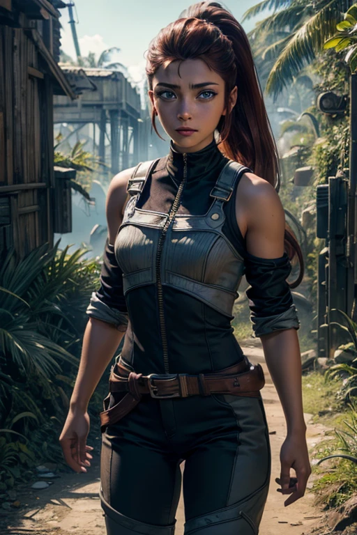 
iliaamitola, ilia amitola, long hair, blue eyes, brown hair, ponytail, dark skin, dark-skinned female, BREAK bare shoulders, bodysuit, BREAK walking through jungle with marines,  old bridge, river, post-apocalypse, dystopian future, crowd, (crowd in military uniforms), (volumetric lighting), best quality, masterpiece, intricate details, tonemapping, sharp focus, hyper detailed, BREAK looking at viewer, (cowboy shot:1.5), BREAK (masterpiece:1.2), best quality, high resolution, unity 8k wallpaper, (illustration:0.8), (beautiful detailed eyes:1.6), extremely detailed face, perfect lighting, extremely detailed CG, (perfect hands, perfect anatomy), 
