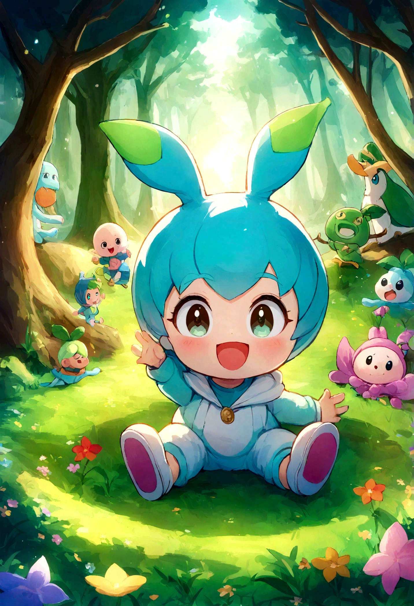 A cute human baby named Junior lives happily in the forest, feliz, estilo Cartoon, Estilo de logotipo, estilo de dibujos animados, resolution4k,rasgos faciales altamente detallados